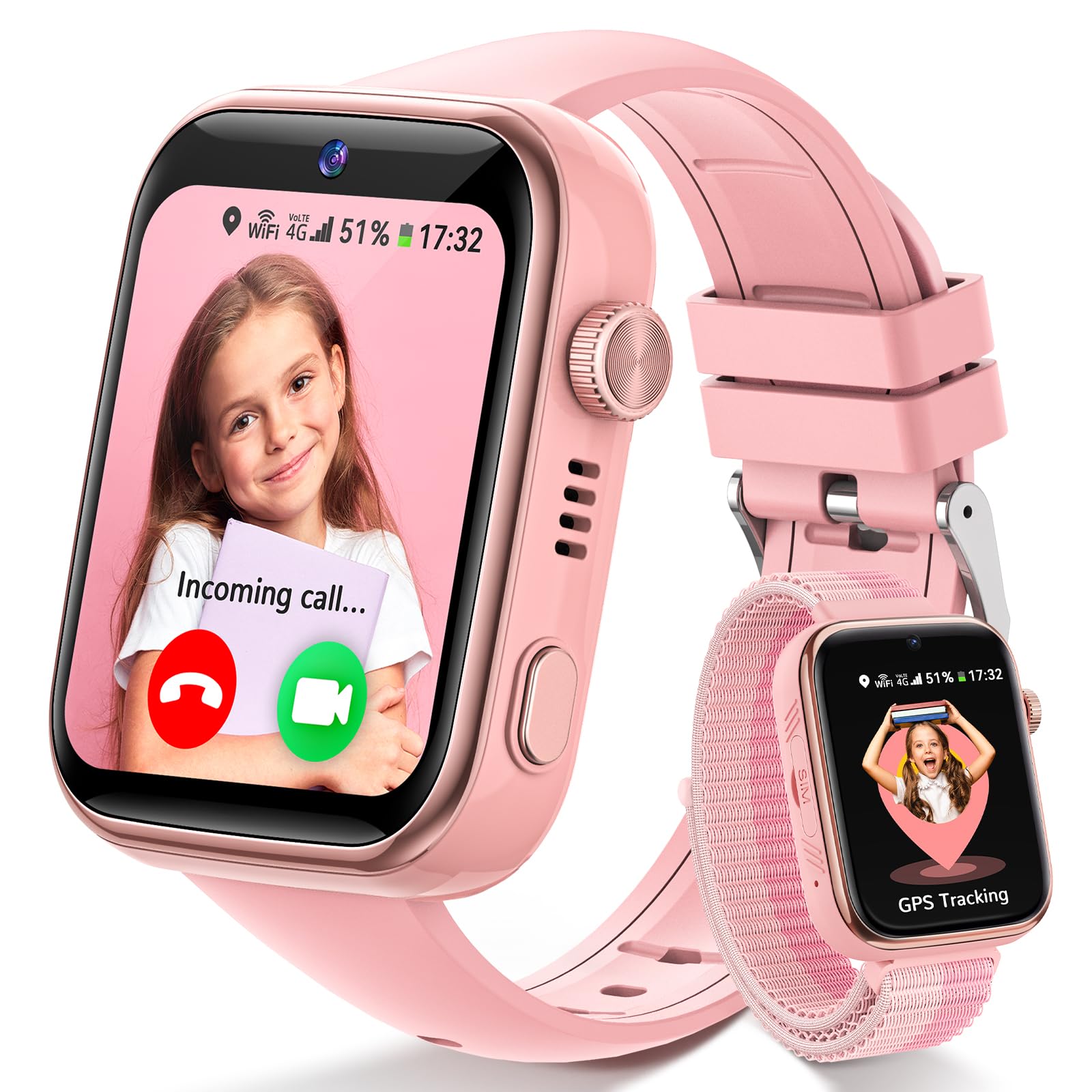 4G Children's Smartwatch with GPS and Calls, Video Calls, Locator, SOS, Class Mode, Chat, SMS, Whatsapp, WiFi, IP68 Waterproof, SIM, Pedometer, Gift Girl, Pink