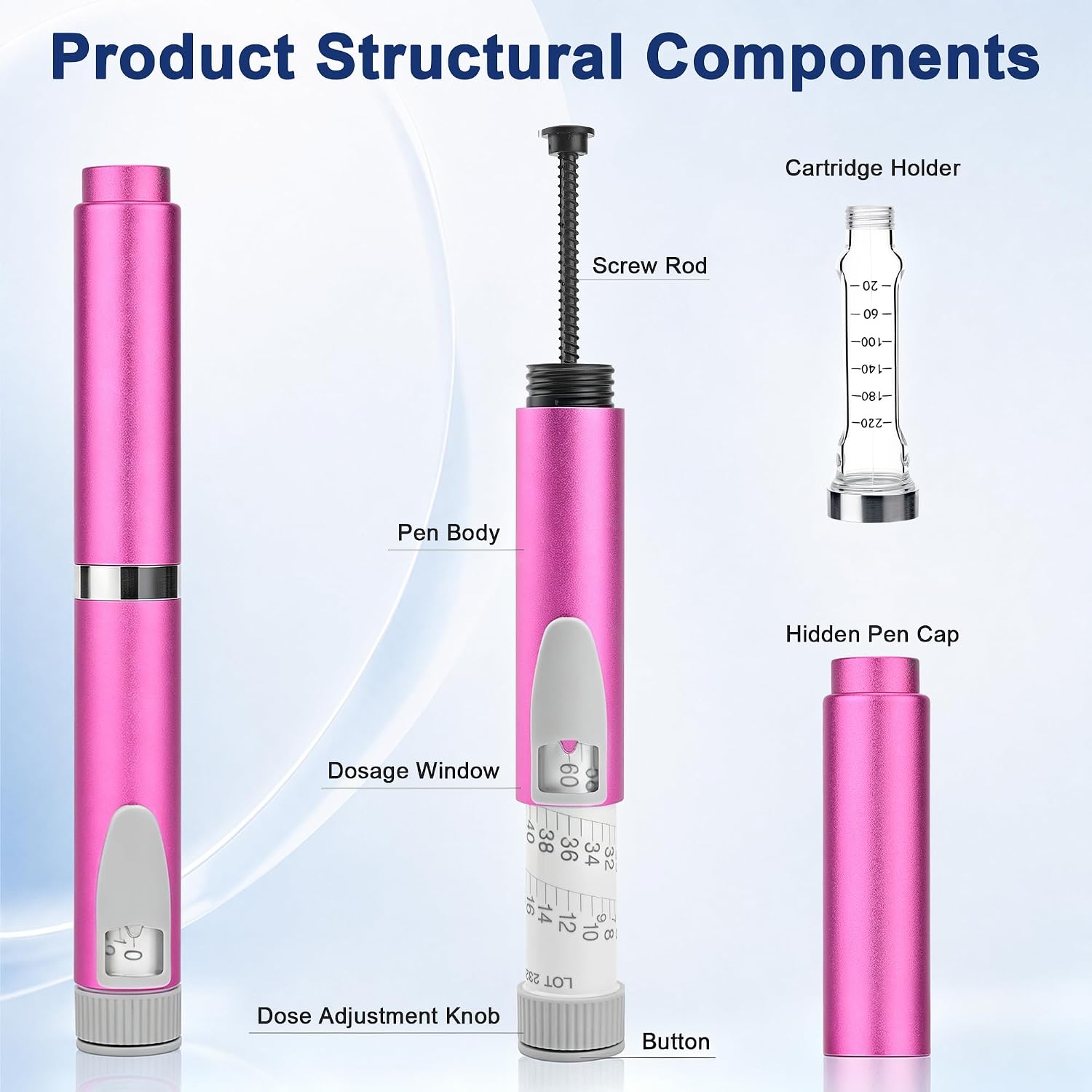 60 Unit Peptide Pen Injection, Reusable Metal V2 Pen (Pink)