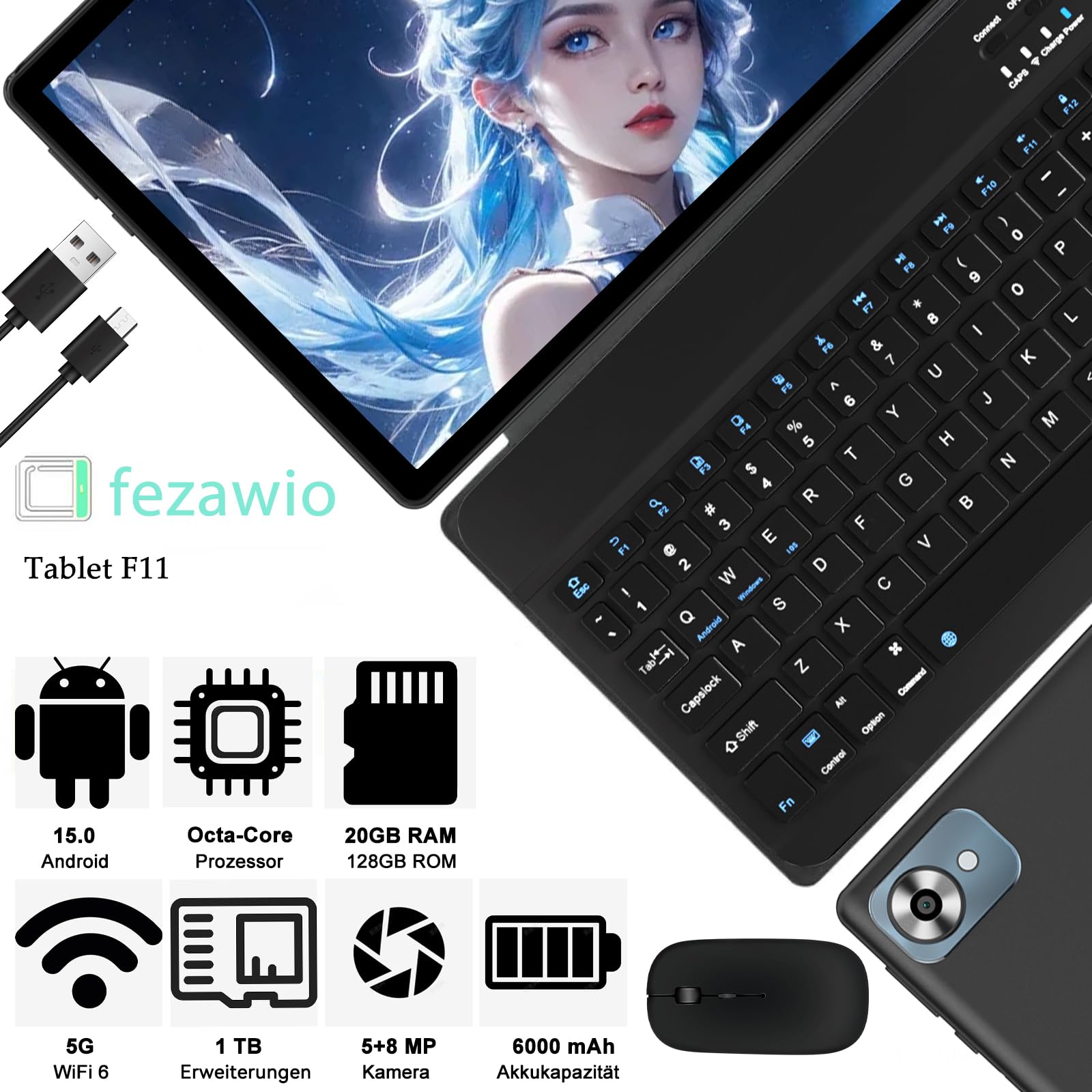 fezawio Tablet 10 Pollici Android 15, 20GB RAM+128 ROM, Widevine L1, Nero | con Tastiera, Mouse e Custodia, Octa-Core, WiFi 5G, BT5.0, 8MP+5MP, 6000mAh