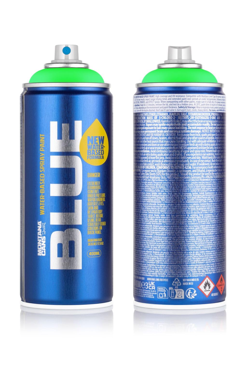 Montana Cans BLUE Neon Sprühdosen Set mit Weiß – 6x 400 ml wasserbasierte, fluoreszierende Sprühfarbe mit hoher Deckkraft – schnelltrocknend – Graffiti, Street Art, DIY, Kunst & kreative Projekte