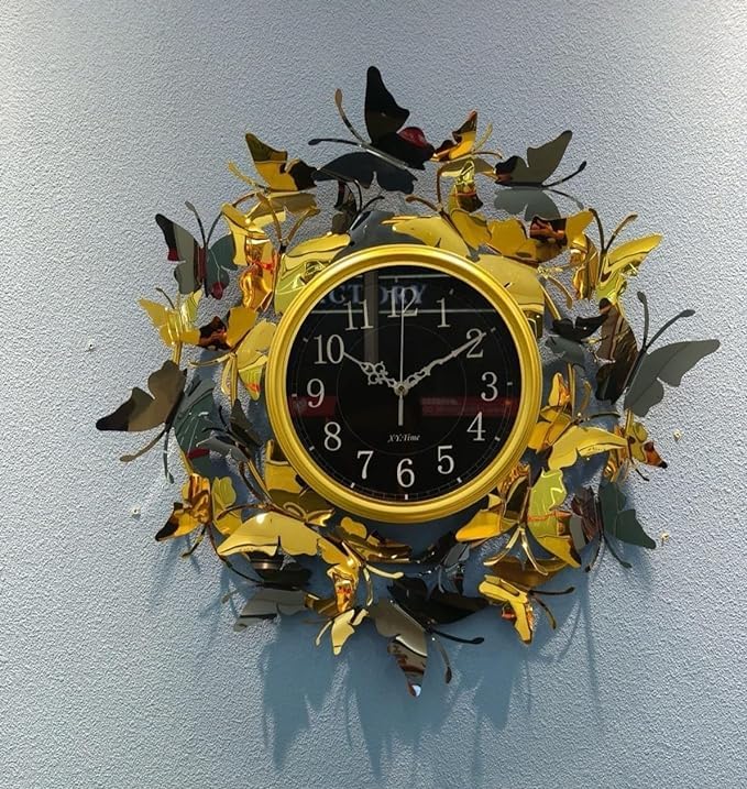 Prakal Analog, Metal Auspicious Deer Wall Clock Nordic Brief Design Living Room Decoration Kitchen Mute Clocks Art Wall Watch Home Decor (Butterfly, 32 Cm, Butterfly(Gold, Black))