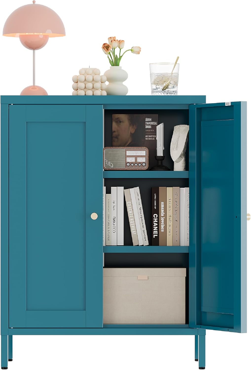 Metal Storage Cabinet with 2 Doors - 31.5''H Bathroom Floor Storage Cabinet, Pantry Cabinet, Bathroom Cabinet for Office, Home, Living Room (Blue)