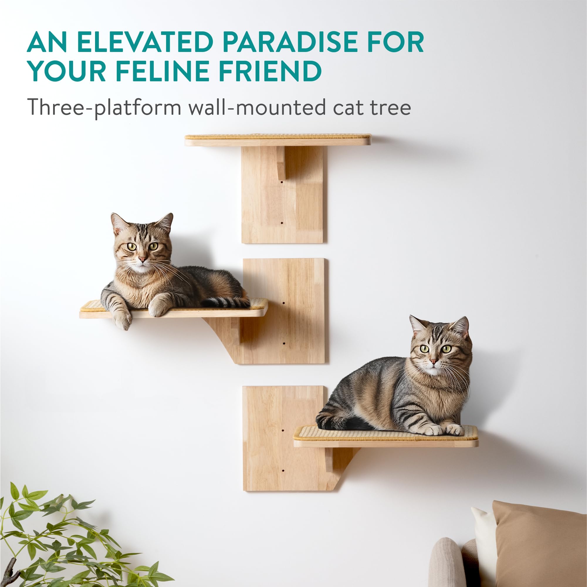 Navaris Cat Accessories Wall - Mounted Cat Tree with 3 Platforms - Cat Climbing Trees for Indoor Cats - Solid Wood with Sisal Mats, Cat Shelves and Tree Bed - Stylish Cat Furniture