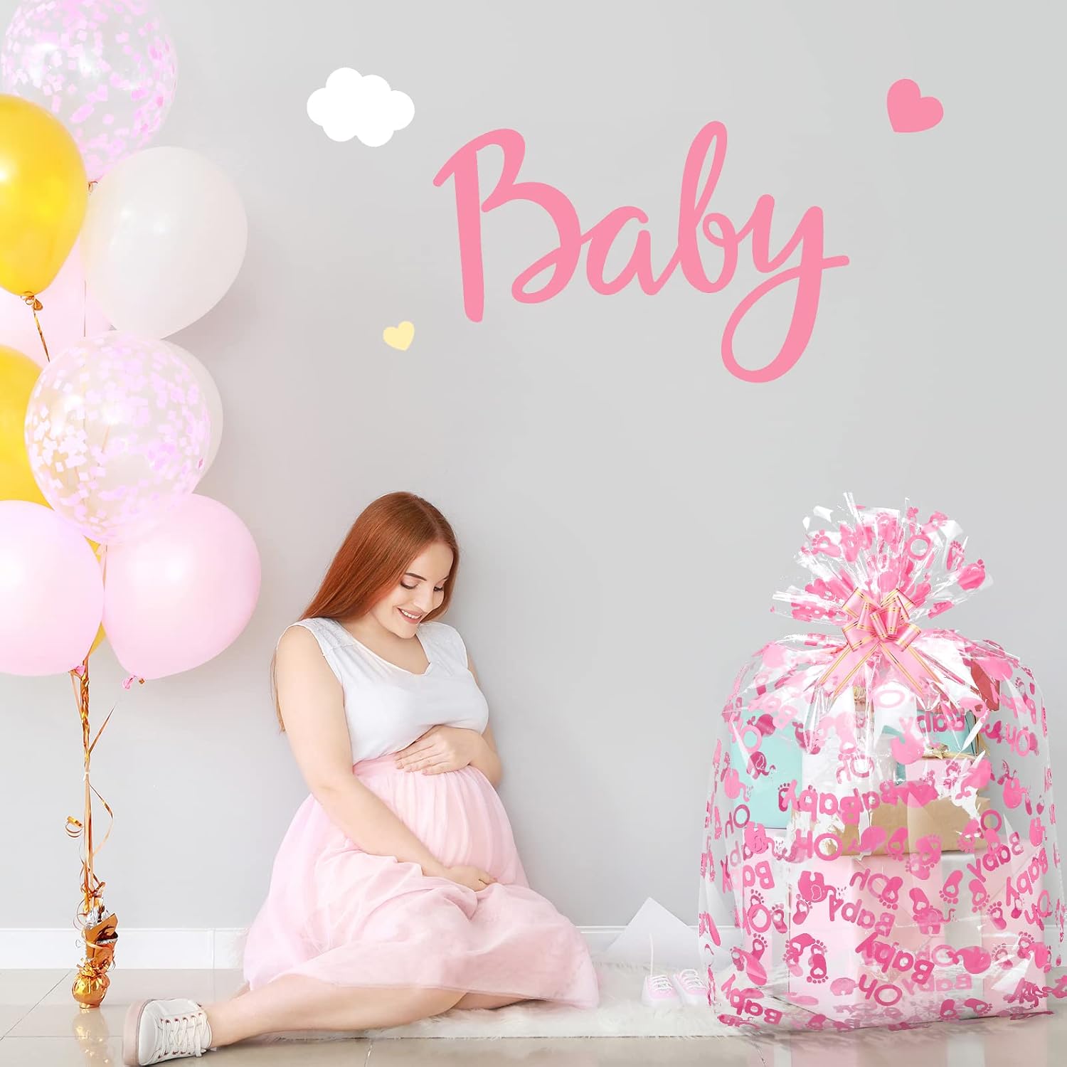 Outus 12 Pcs Extra Large Baby Shower Basket Bags with 10 Bows Ribbon 28 x 40 Inch Large Cellophane Baskets Empty Bags Jumbo Cellophane Wrap for Gift, Presents, Baby Shower(Pink) image 4