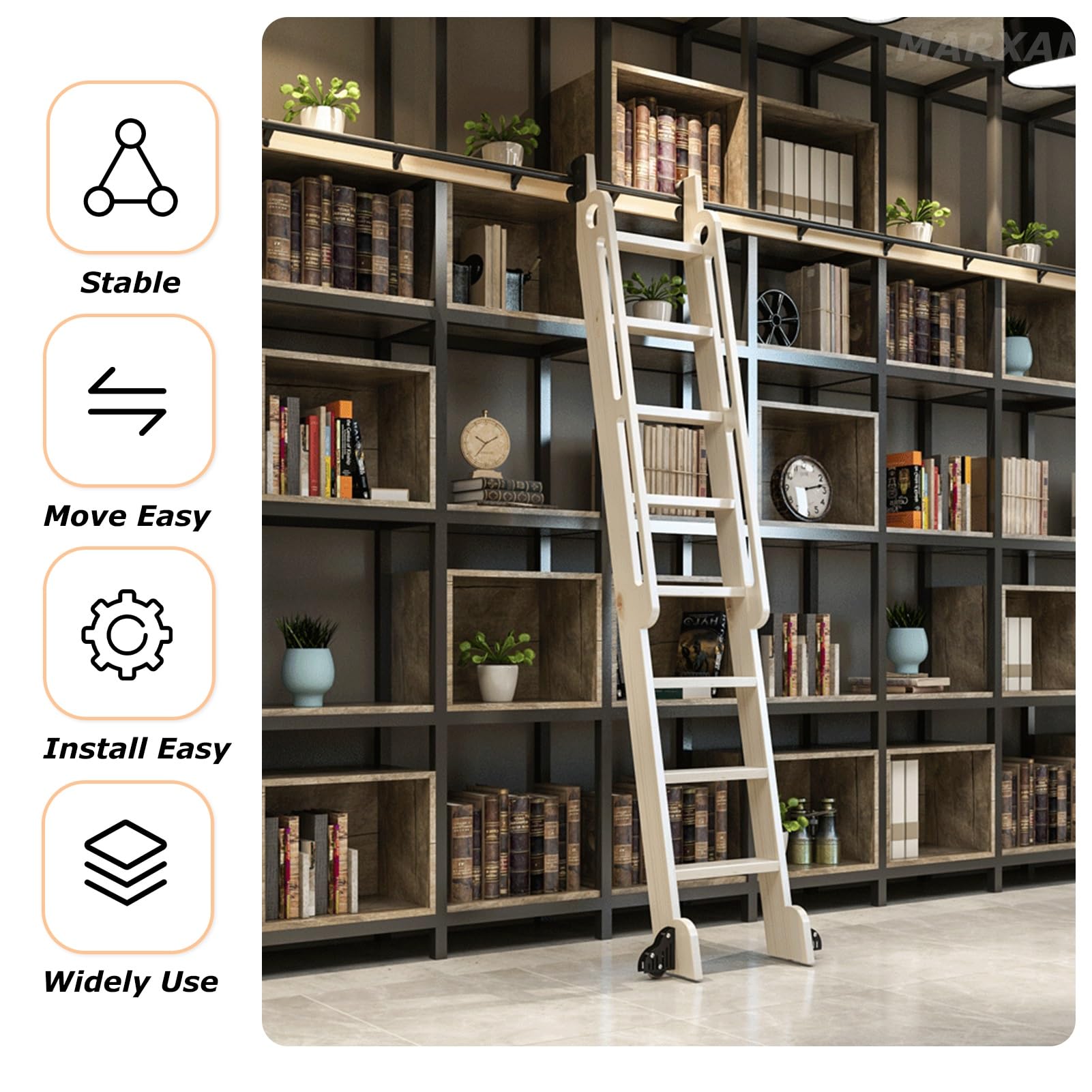 Kit de rieles para escalera de Biblioteca con ruedas, escalera deslizante Negra, herrajes completos para hogar, cocina y vinoteca, riel con ruedas para piso (sin escalera