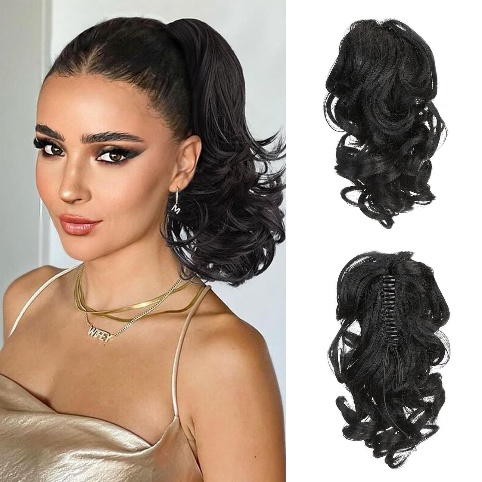 Cybelleza 14 inch Ponytail Hair Extension Curly Wavy Claw Jaw on Long Short Cute Pony Tails Clip in Hair Extensions Ponytail Hairpieces Synthetic for Women Black