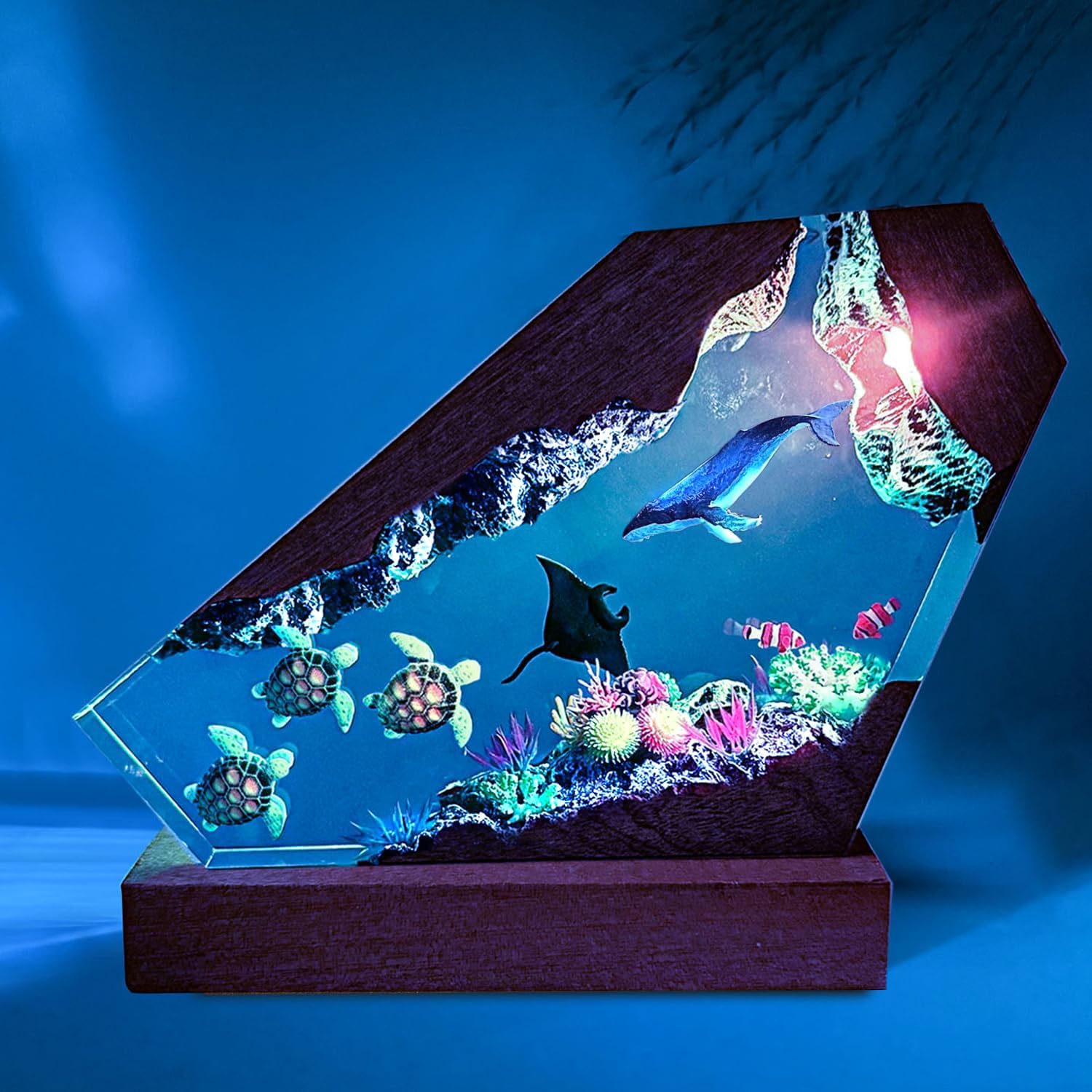 Humpback Whale Resin Ocean Lamp, Handmade RGB Resin Night Light with Wooden Base,Turtles Gifts for Women, Ocean Lover Collectibles, Unique Birthday Valentine's Day Gifts for Him & Her (S 6"x4")