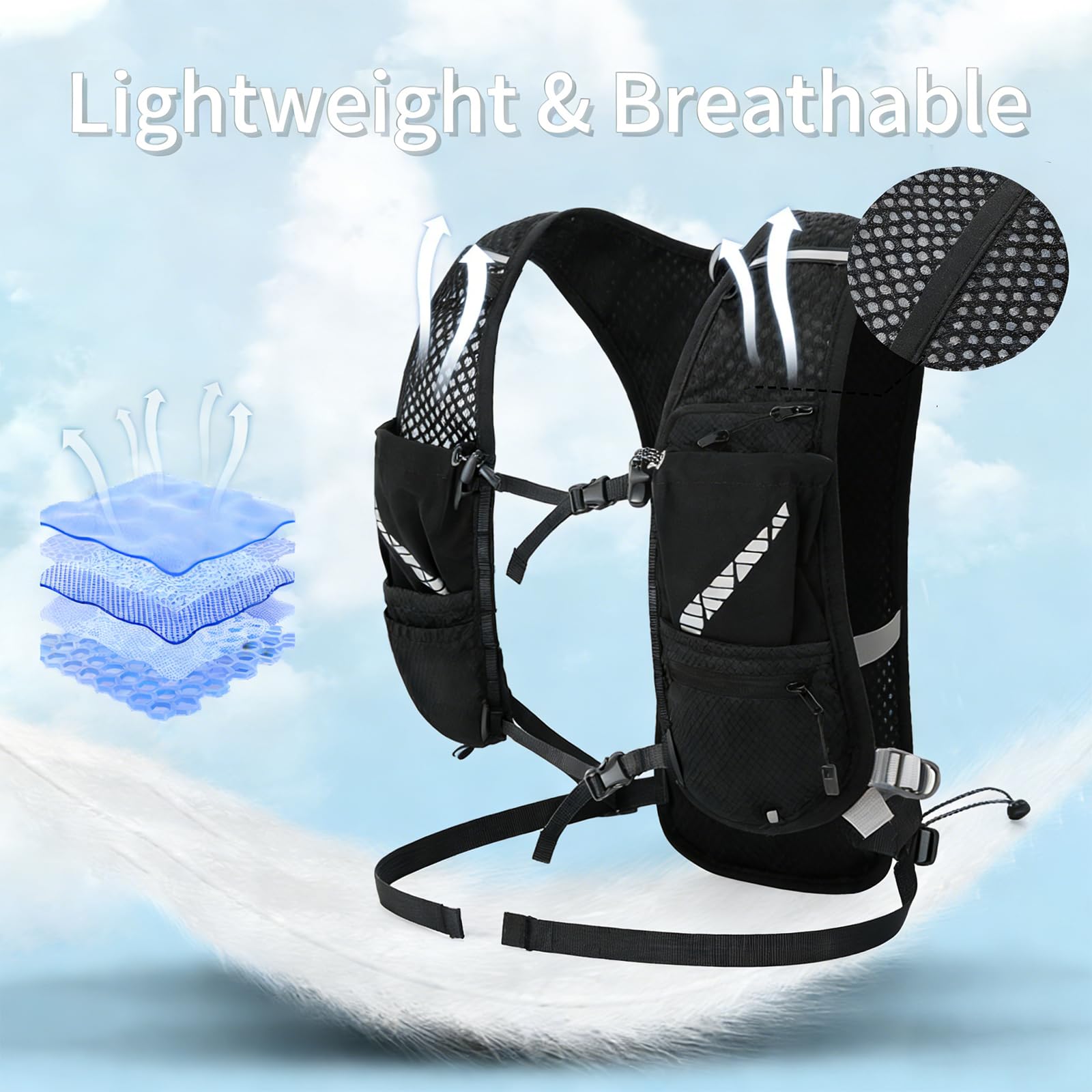 Laufweste mit 500ml Wasserflasche für Damen & Herren, Ultraleicht Reflektierender Trinkrucksack Trinkweste, Verstellbare Brustgurte Laufweste Hydration Pack für Laufen, Trails, Radfahren, Marathons