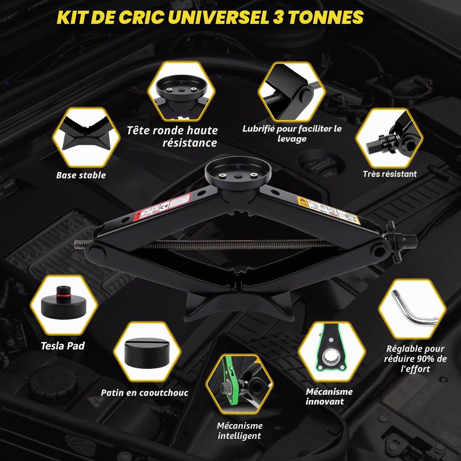 KAOLALI Cric Voiture 3T/3000kg, Universel Crique Voiture pour SUV MPV Tesla | 2 Tampon Caoutchouc, Portable Cric De Levage avec Clé pour Écrous De Roue, Kit Urgence Automobile pour SUV MPV Tesla 3/Y/X/S