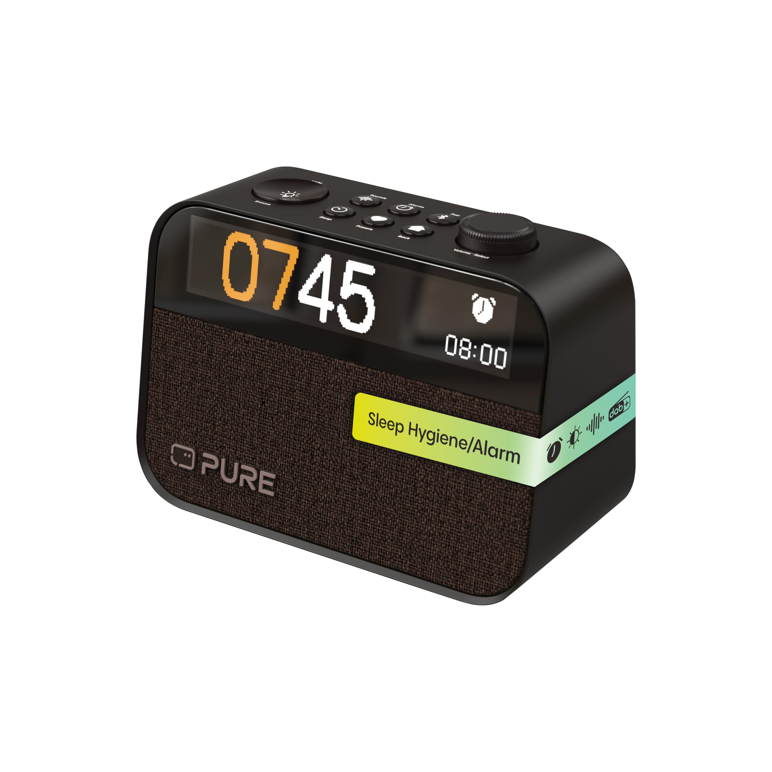 Pure Moment Reloj Despertador para Mesita de Noche y Oficina (Radio Digital Dab+/FM, Bluetooth, Máquina de Ruido Blanco, Ayuda para Dormir, Luz Despertador, Luz Nocturna, Pantalla Regulable) Negro