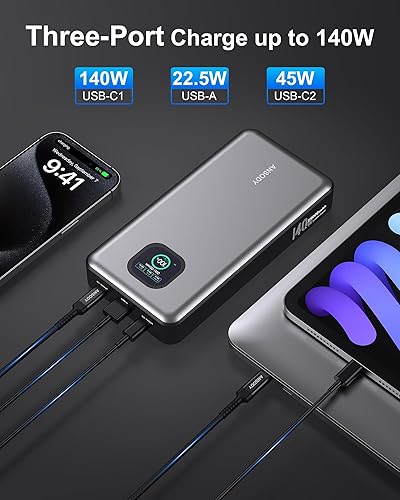 Miniatura 2 de Banco de energía de 140 W, cargador portátil para portátil de 25000 mAh con pantalla digital inteligente, PD3.1 de carga rápida para MacBook Dell