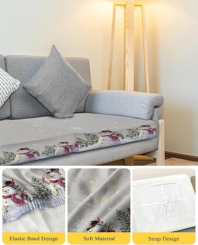 Miniatura 4 de Fundas de cojín para sofá de Navidad con diseño de muñeco de nieve gris, funda elástica para sofá con parte inferior elástica, diseño de árbol de