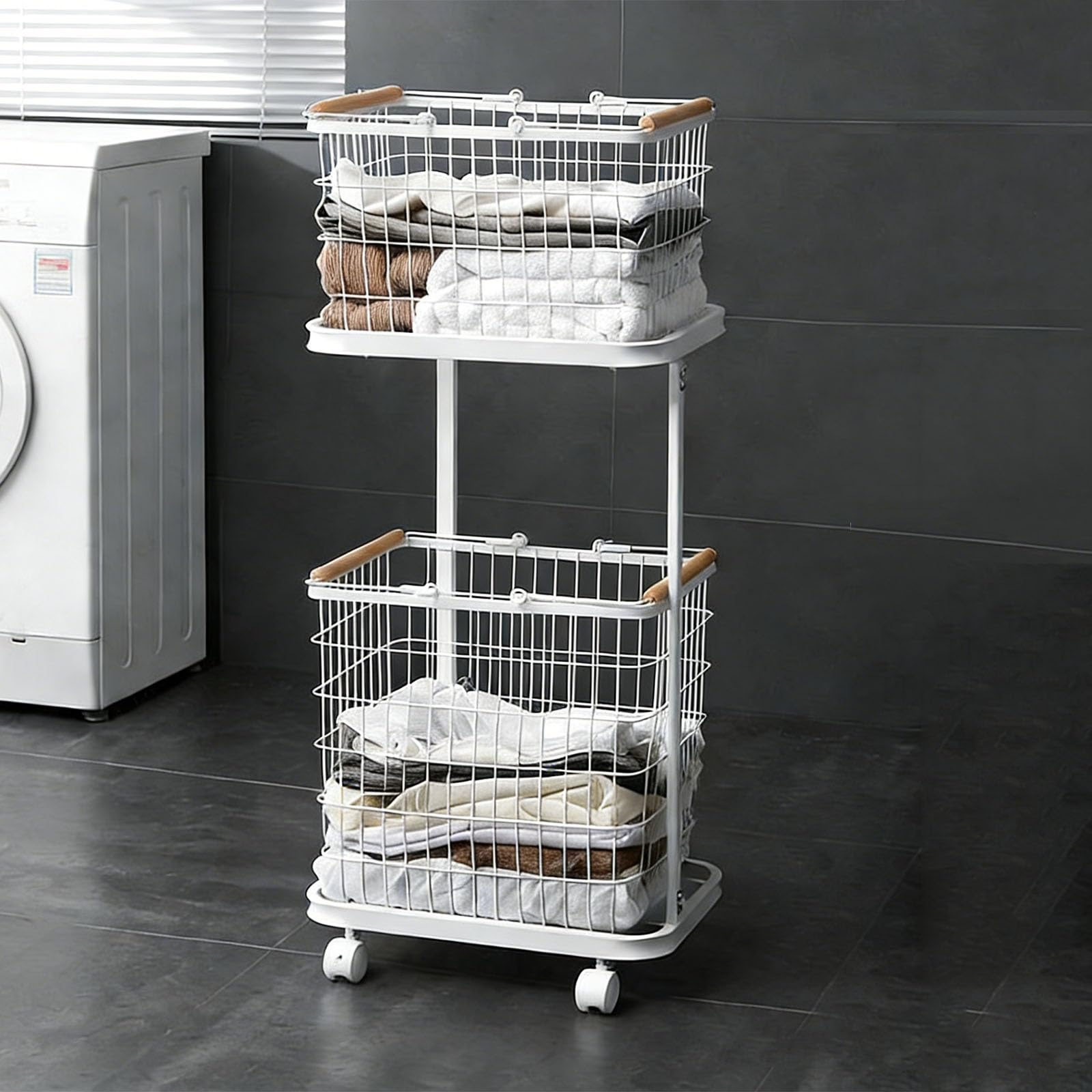 Folding Laundry Basket Household Storage 2 Tier Rolling Hamper with Wheels,Metal with Removable,Clothes Sorter Trolley Shelf