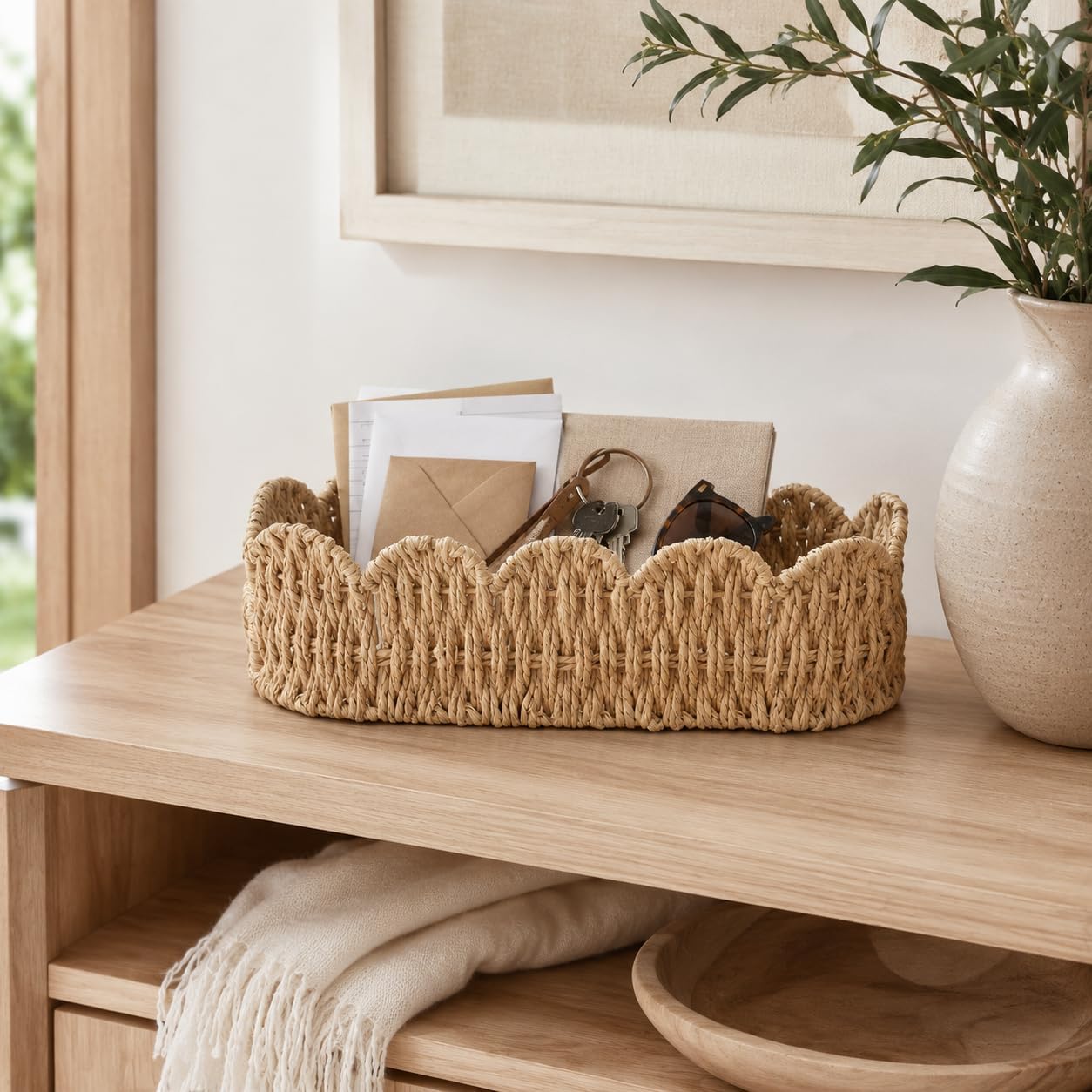 Scalloped Basket for Toilet Tank Top, Back of Toilet Storage | Handwoven Paper Rope in a Slim 15.35in Fit — Holds Toilet Paper Rolls, Tissue, and Toiletries for a Farmhouse Boho Bathroom