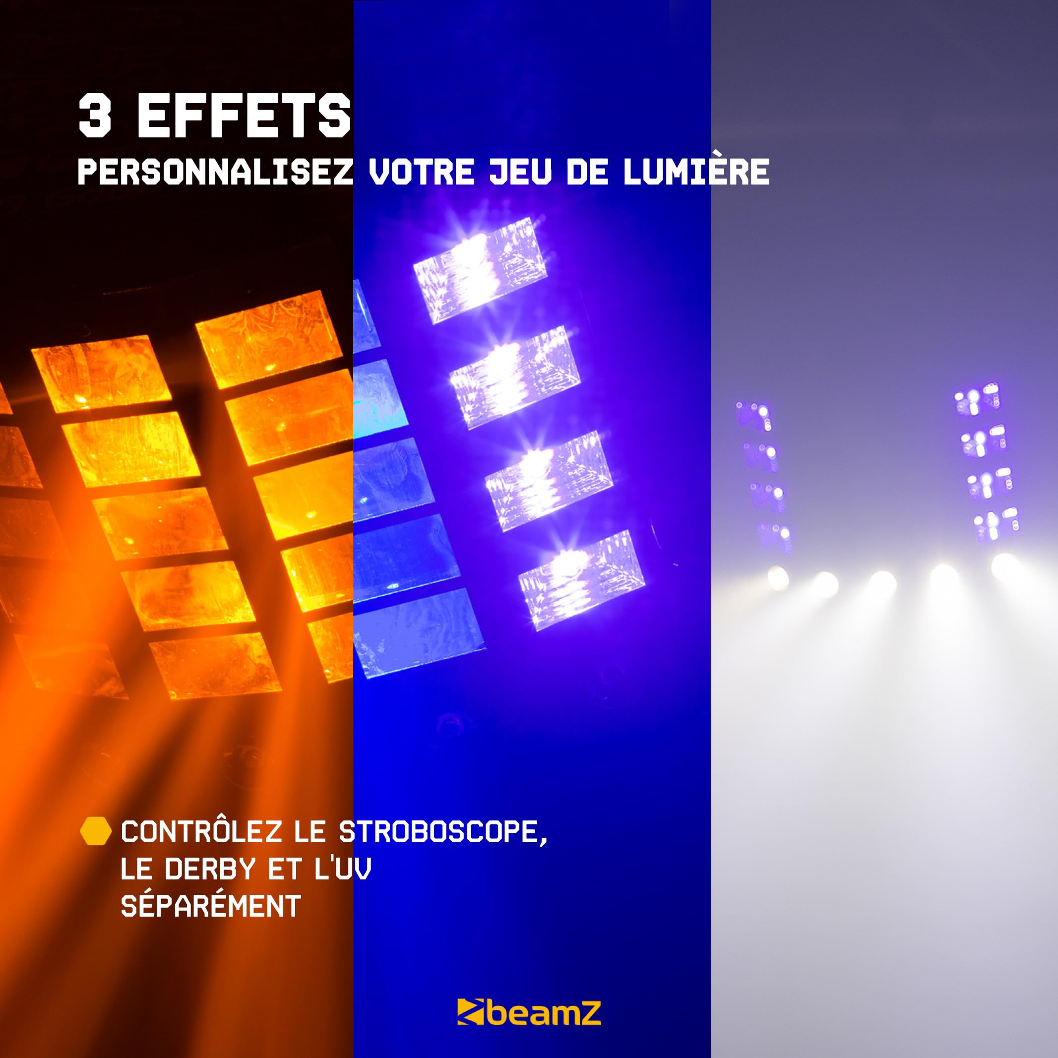BeamZ Gobo Derby avec UV et Stroboscope, DJ Light Effect, Shows Préprogrammés, Jeu de Lumières LED, Lumière Noire/UV, Télécommande, Multicolor, Plafond/Mur, Rotation Automatique/Rythmée