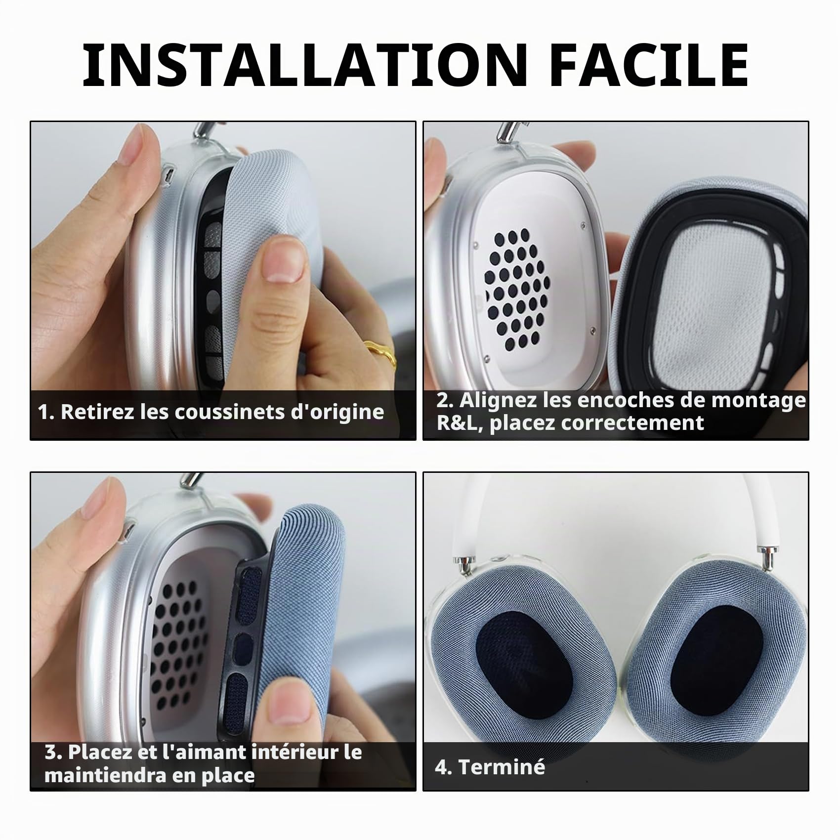 Coussinets de Rechange pour écouteurs AirPods Max 2024 - en Maille Confortable - avec éponge à mémoire de Forme élastique - Bleu