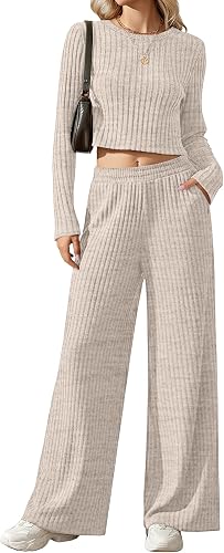 JoyMotion Women's 2 Piece Lounge Sets 2026 Ribbed Long Sleeve Crop Top Wide Leg 