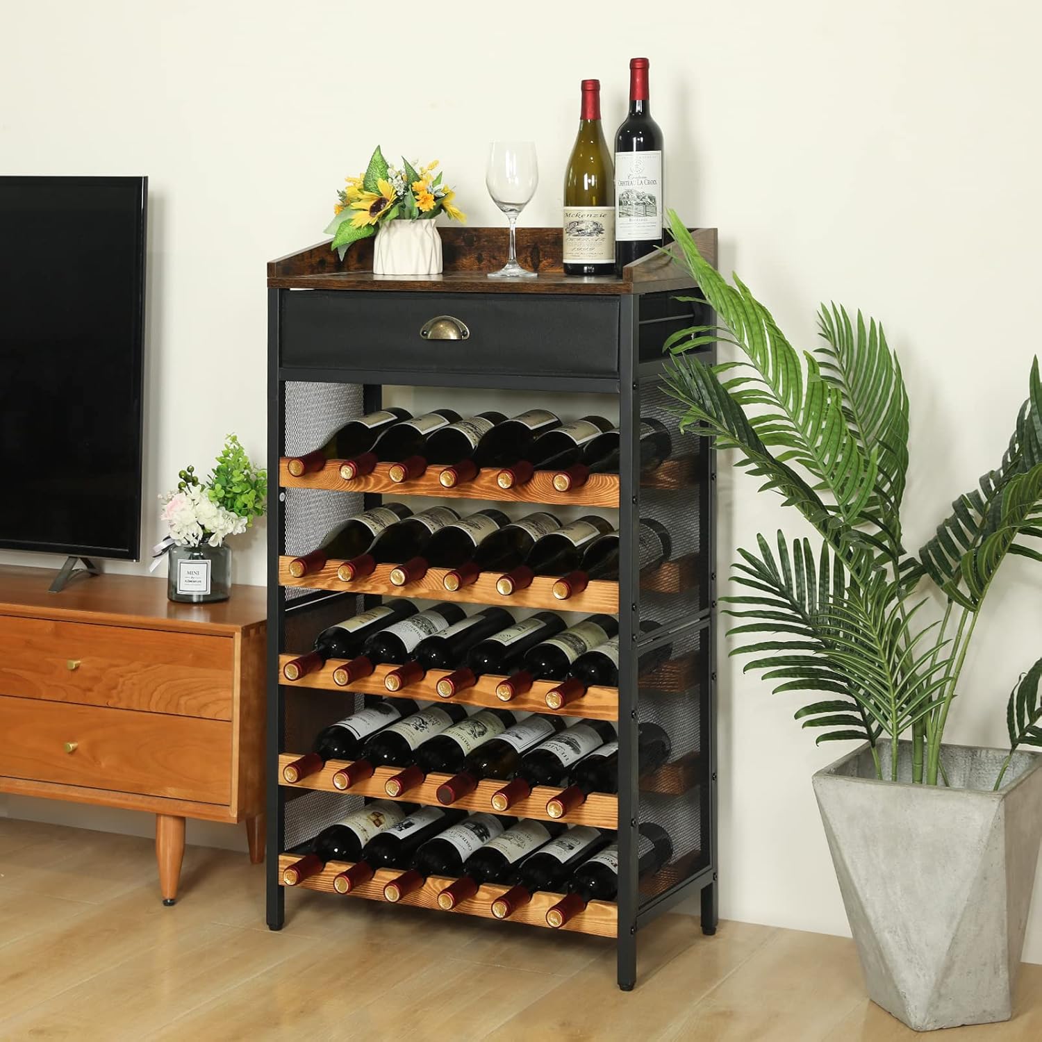 30 Bottles Floor Wine Rack Freestanding with Fenced Wood Top and Drawer 5 Tier Wine Bottle Holder Organizer Storage Stand Shelf for Pantry Bar Kitchen, 23.6''L x 11.8''W x 41.3''H : Home & Kitchen