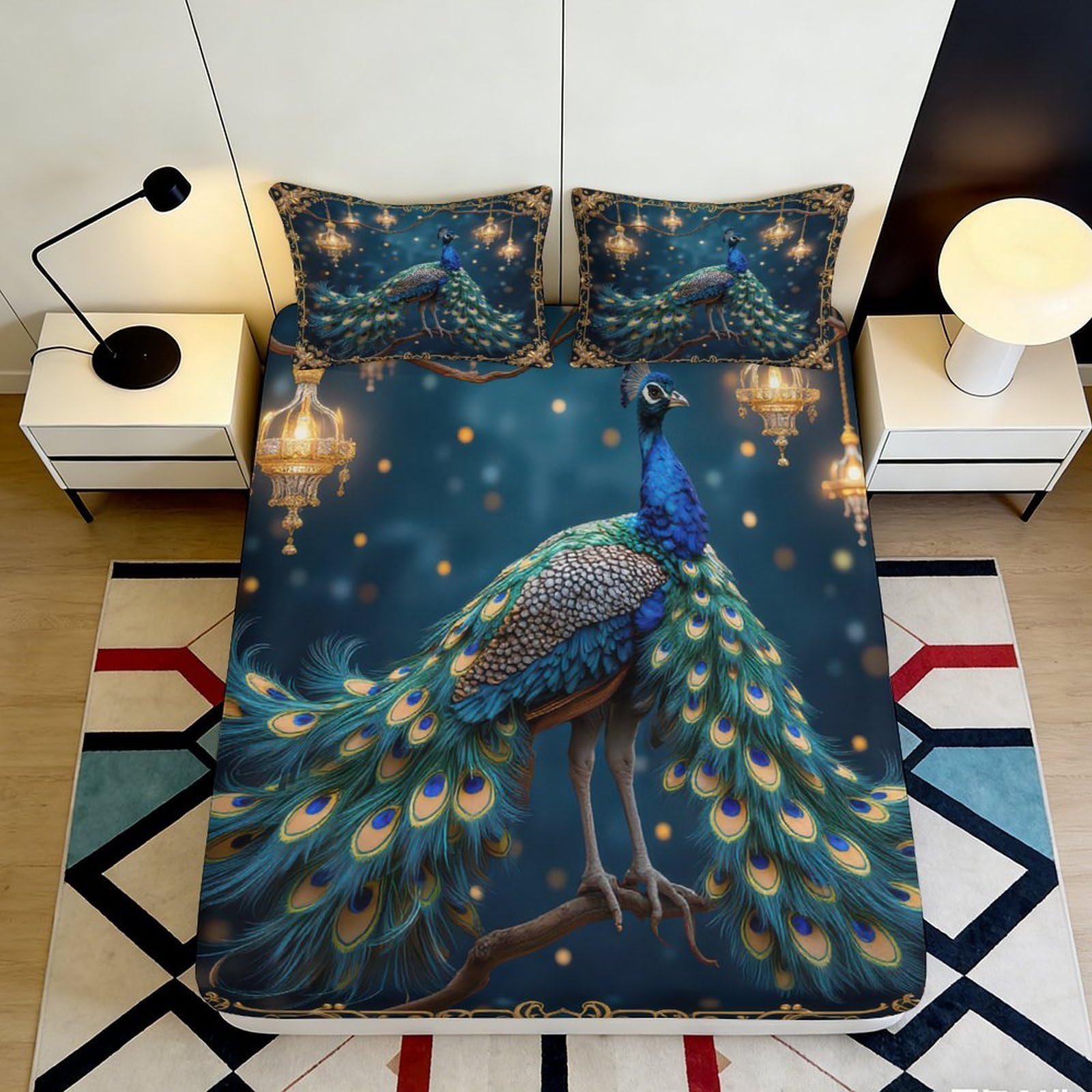 3D Printed Peacock Night Fitted Sheet Microfiber Soft Mattress Cover for Bedroom Dorm Artistic Bed Decor 90x200x25cm