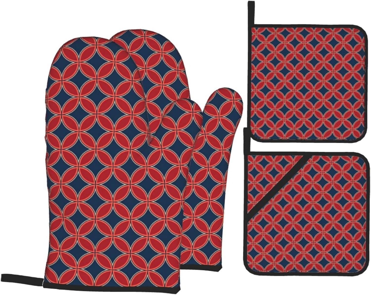 Red Circle Oven Mitts and Pot Holders Set of 4, Heat Resistant Non-Slip Kitchen Gloves and Hot Pads for Cooking Baking BBQ