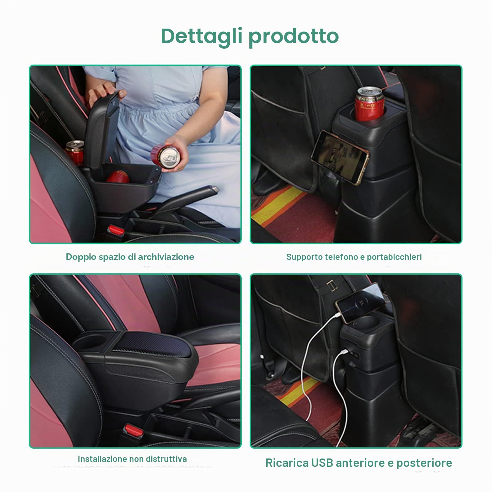 GAFAT V-W UP/Seat MII/Citigo 2013-2022 2023 - Braccioli per console centrale, con vano portaoggetti e portabicchieri (nero)