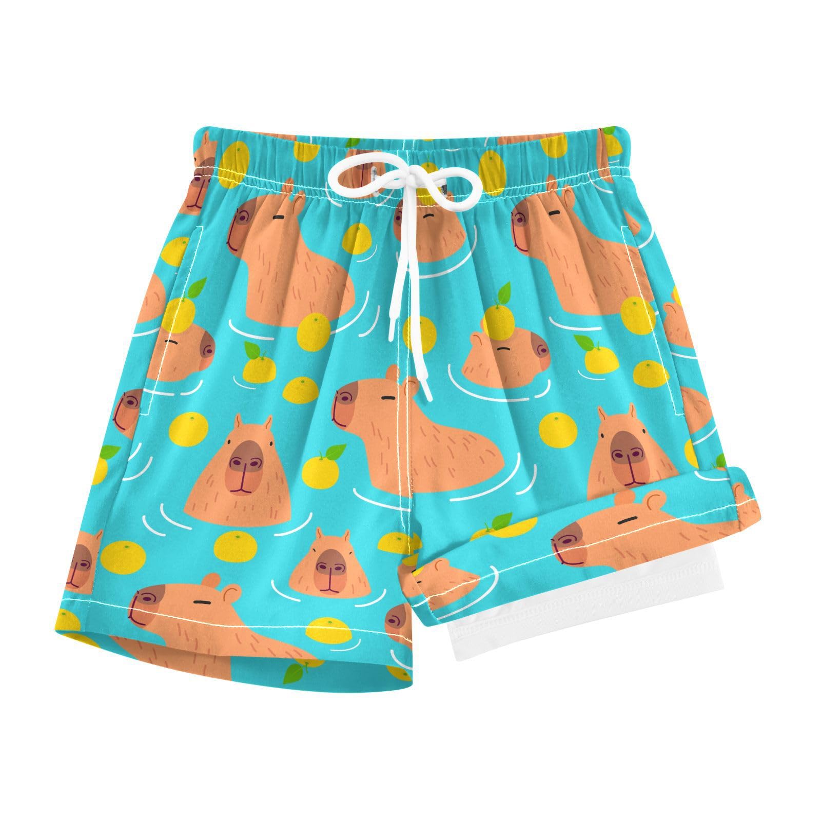JHKKU Boys Cute Capybara Swim Trunks with Compression Liner Quick Dry Swim Shorts Bathing Suit with Boxer Brief Swimwear 9-11 Years