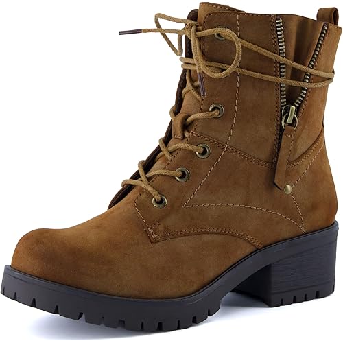 Dunes Women's Kobe Heeled Combat Boots – Lace-Up with Side Zipper, Memory Foam Insoles, Faux Fur Lining, Vegan Nubuck Leather, Wide Widths Available