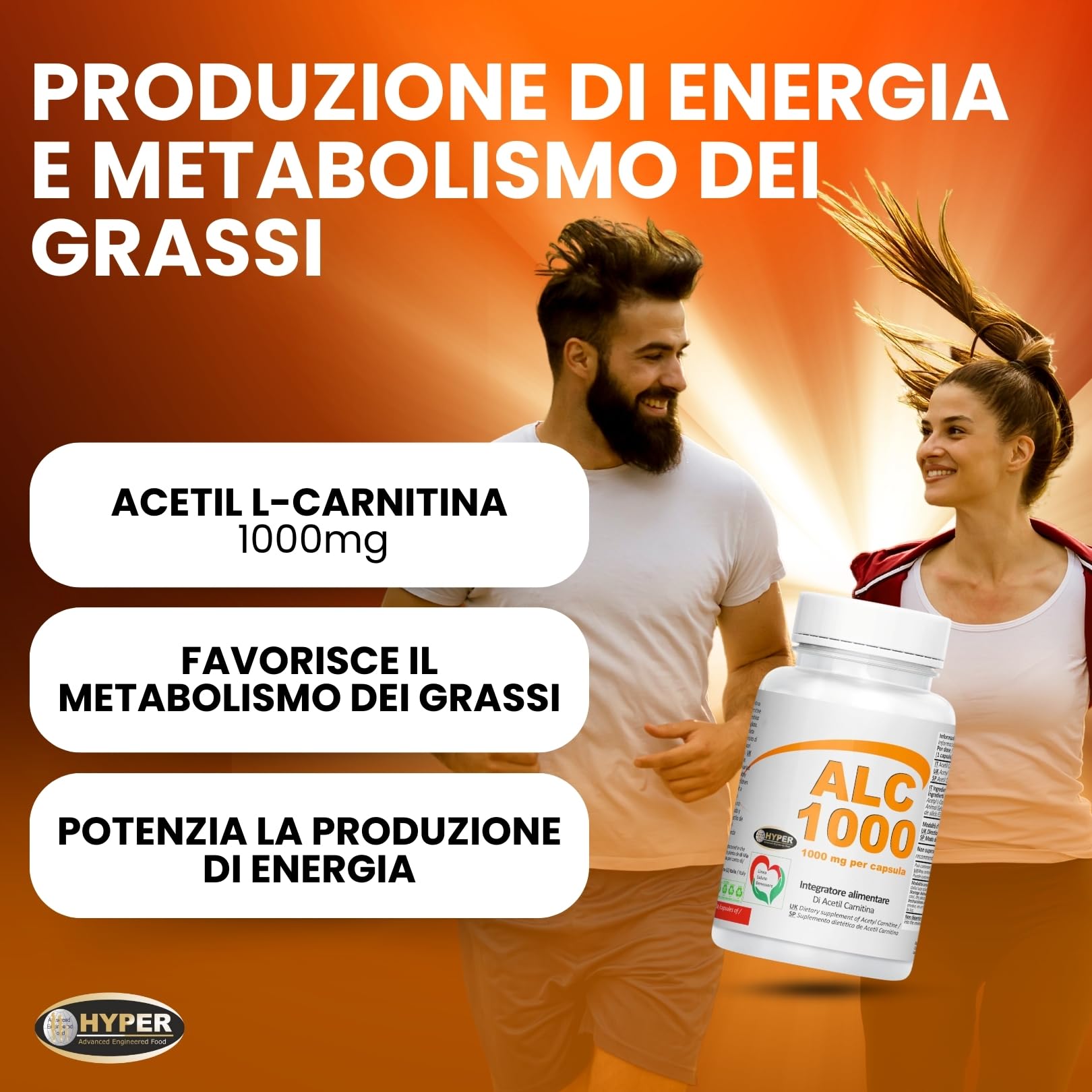 Hyper ACETIL L-CARNITINA 1000 MG per capsula | ALCAR Acetyl L-Carnitine + Energia favorisce il Metabolismo dei Grassi Attività Fisica intensa | Palestra, Sport Allenamento | 3 Flaconi da 60 Capsule