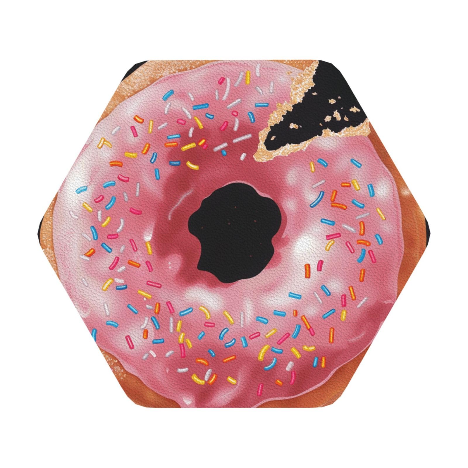 Donut Print Print Leather Coaster Set of 6, Hexagon Coasters Table Decorative Coffee Cup Beverage Coasters Wine Beer Bar Coasters for Hot Drinks Table Protection