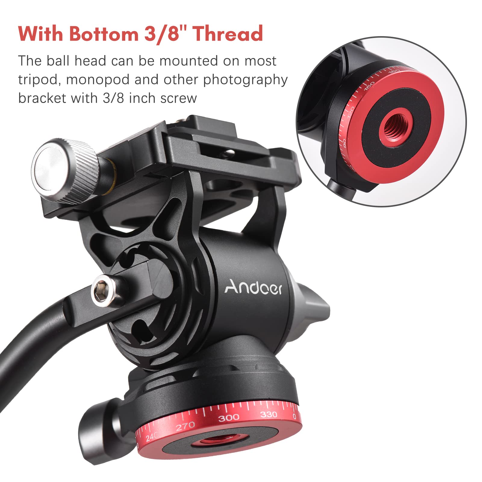 Cabezal de Fluido, Andoer Video Fluid Head Pan Tilt Tripod Head, Panorama Ballhead Tripod Mount con Tornillo de 1/4" con manija Placa de liberación rápida, Capacidad de Carga de 10 kg / 22 lbs