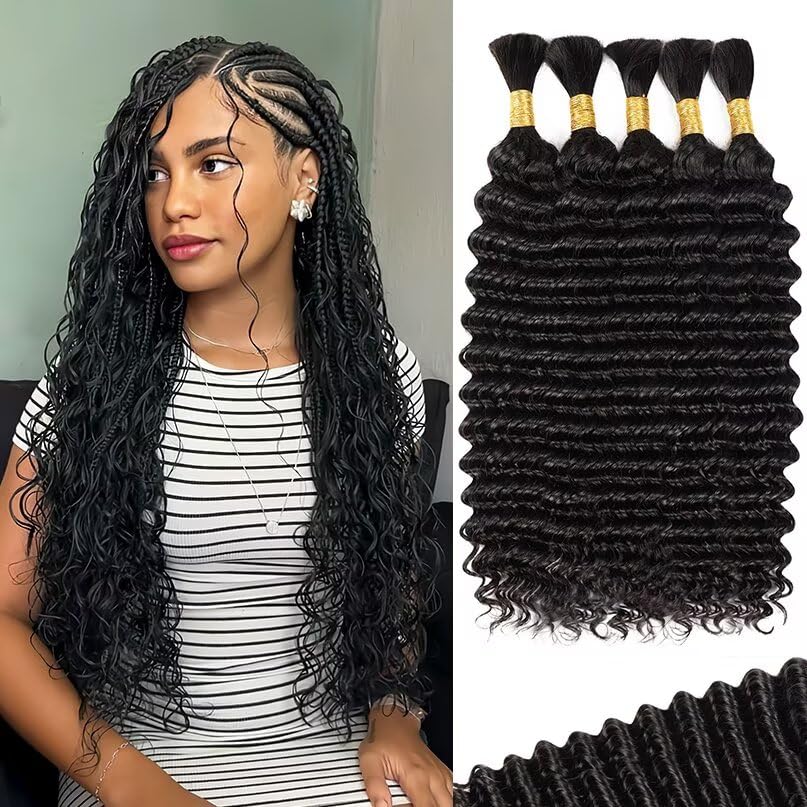 12A Human Braiding Hair for Boho Braids 5 Bundles 18 Inch 160g Deep Wave Braiding Hair for Bohemian Knotless Braids 100% Unprocessed Brazilian Virgin Bulk Hair Extensions No Weft Natural Color