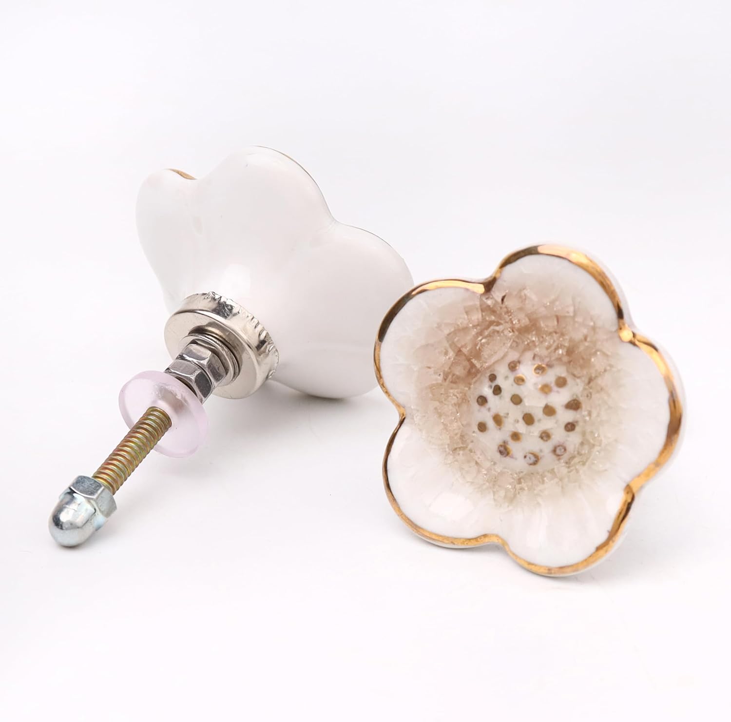 Indian Shelf 6 Piece Gold and White Ceramic Floral Unique Drawer Handles Cabinet Knobs Dresser Pulls Designer Hardware