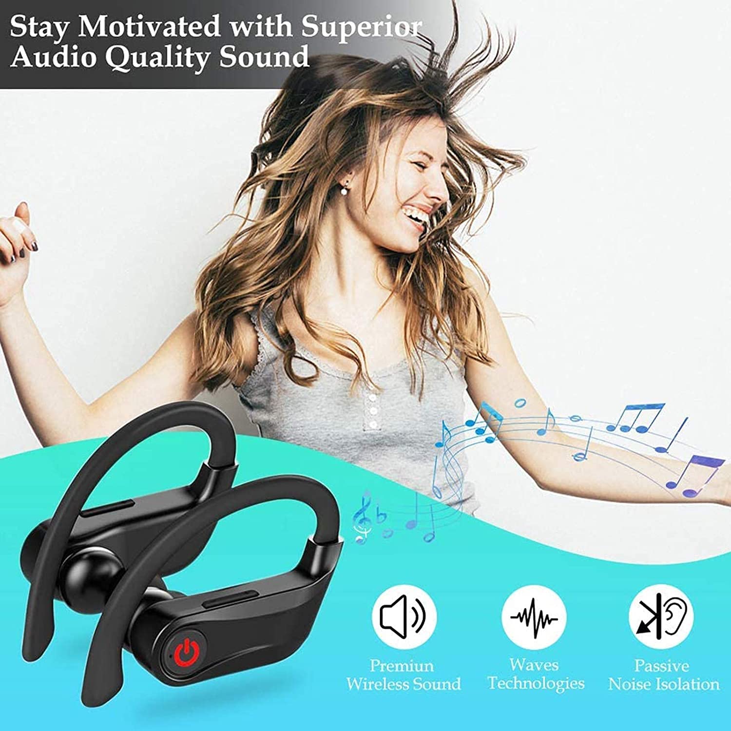 Auricolari wireless per sport e corsa, auricolari Bluetooth 5 in-ear cuffie wireless IPX5 resistenza al sudore con microfono e custodia di ricarica, batteria integrata per allenamento palestra