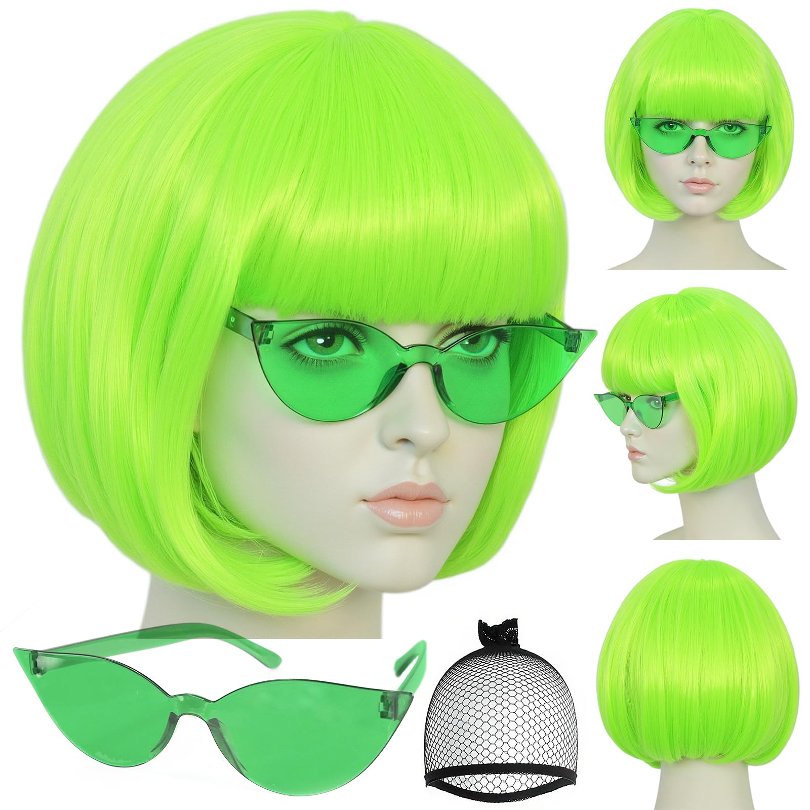 Green Bob Wigs Colorful 3 Pcs Funny Wigs for Women Costume Party Wig for St Patrick'S Day Short Neon Green Wig Cosplay Outfit Halloween Party +Sunglasses+clarahead Hair Cap