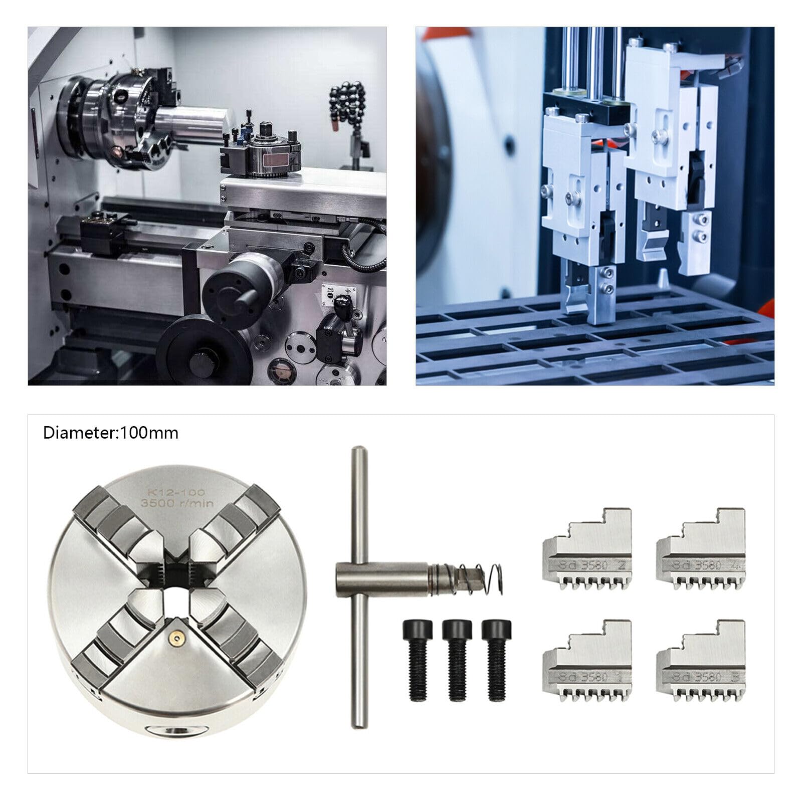 Mandrin à 4 mâchoires à centrage automatique - Mandrin à quatre mors - 100 mm - Pour petits tours avec acier trempé - 10 x 100 x 74,5 mm