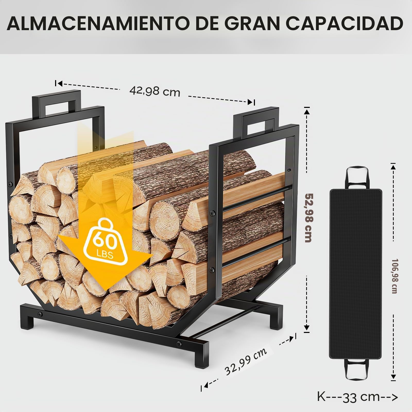 Leñero en Forma de U Reforzado Leñero Interior Exterior Metal 250lbs 4 Patas con Bolsa Transporte para Chimenea Jardín 43x53x33cm Negro Antideslizante