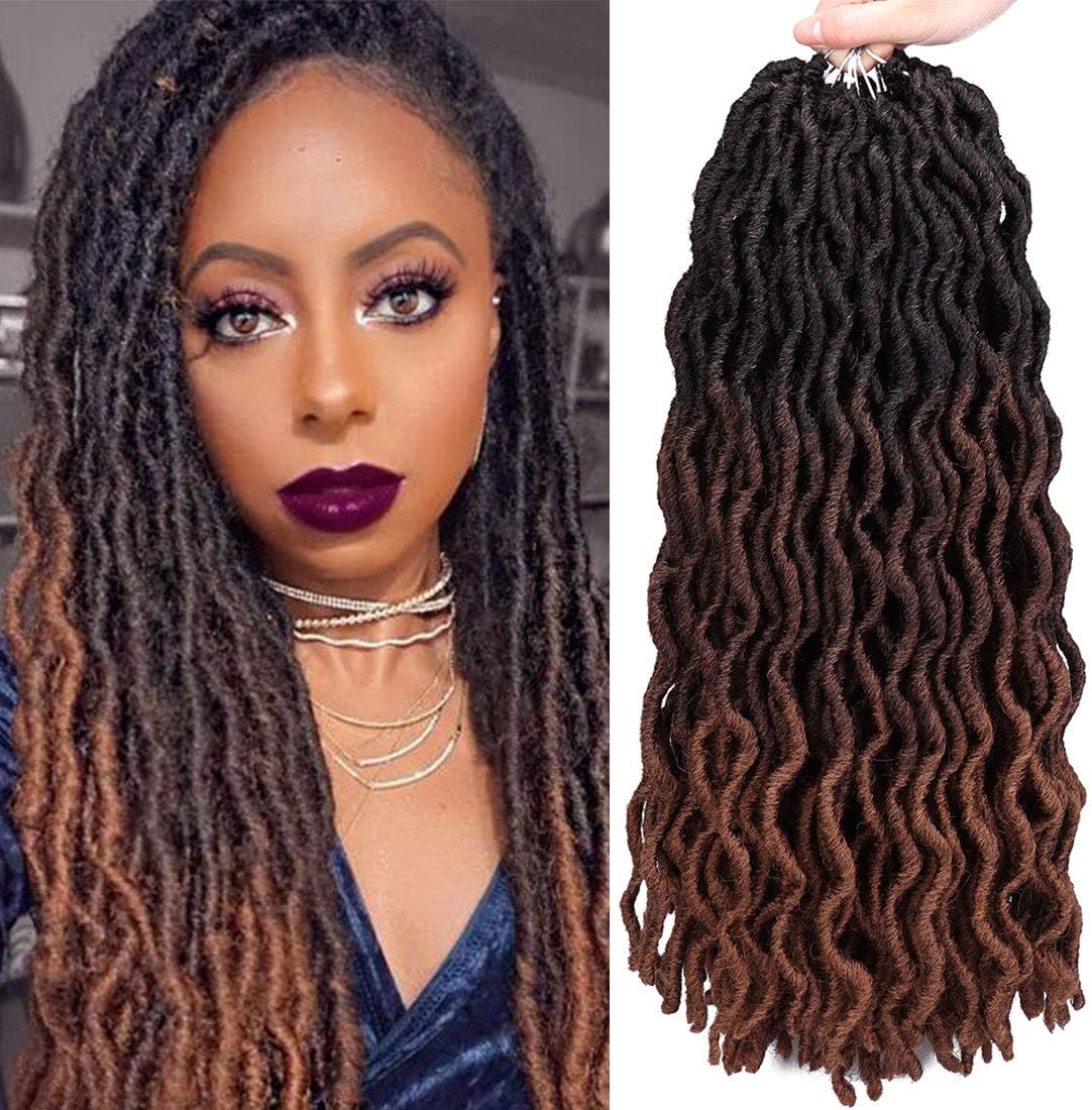 18 Inch Goddess Faux locs Crochet Hair 6 Packs/Lot Soft Gypsy Locs Wavy Crochet Braids Dreadlocks 3Tone Curly Wavy Twist Braiding Hair Extensions African Roots Braid๏ผ# 1B/4/30#)