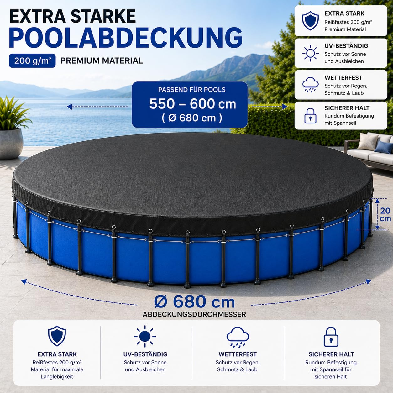 Okrągła osłona basenu – bardzo gruba plandeka 200 g/m² – odporna na promieniowanie UV solarna na lato i zimę, czarna – plandeka basenowa (550 – 600 cm (Ø 680 cm)