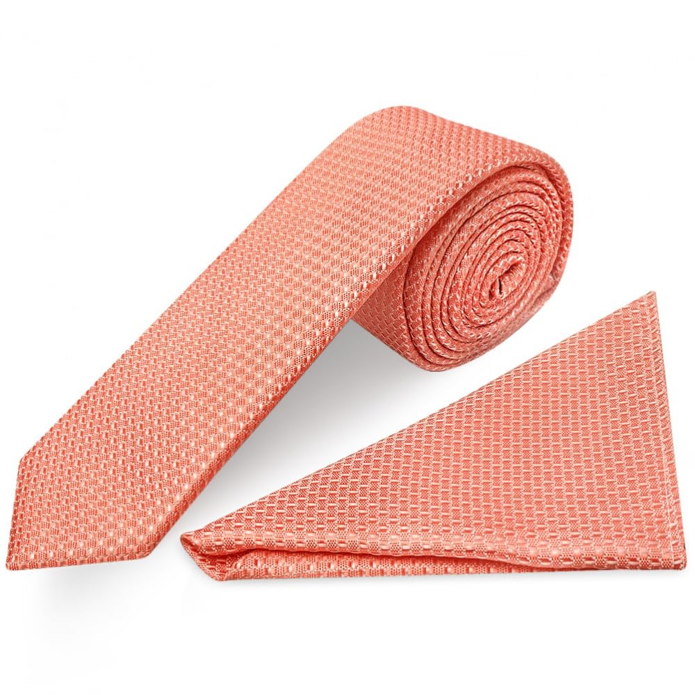 Ties R Us Men's Coral Textured Skinny Tie And Pocket Square Set