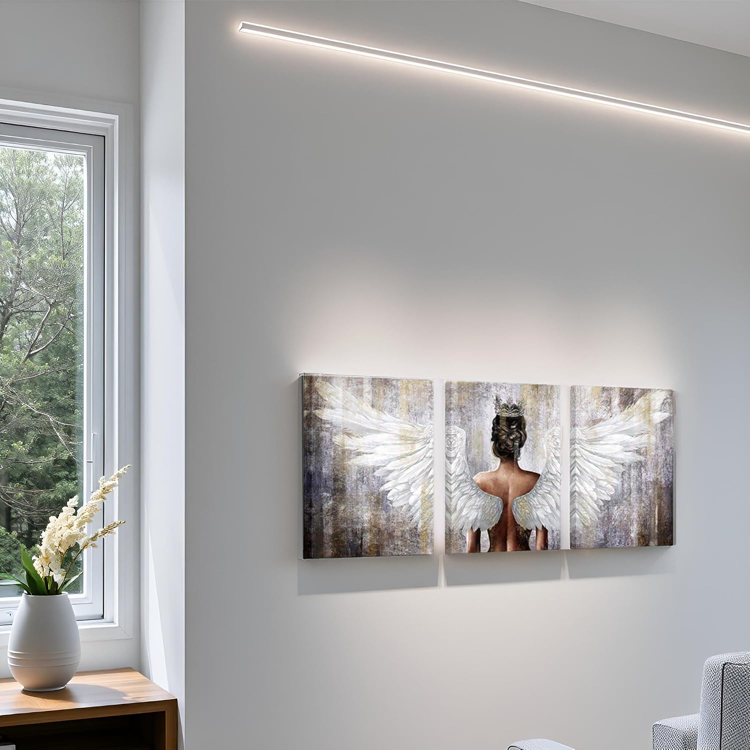 OuElegent Gold And Grey Angel Wings Wall Art Canvas Prints Girl Wearing Crown Contemporary Artwork for Living Room Bedroom Decor Framed 12"x16"x3pcs (Grey, Small)