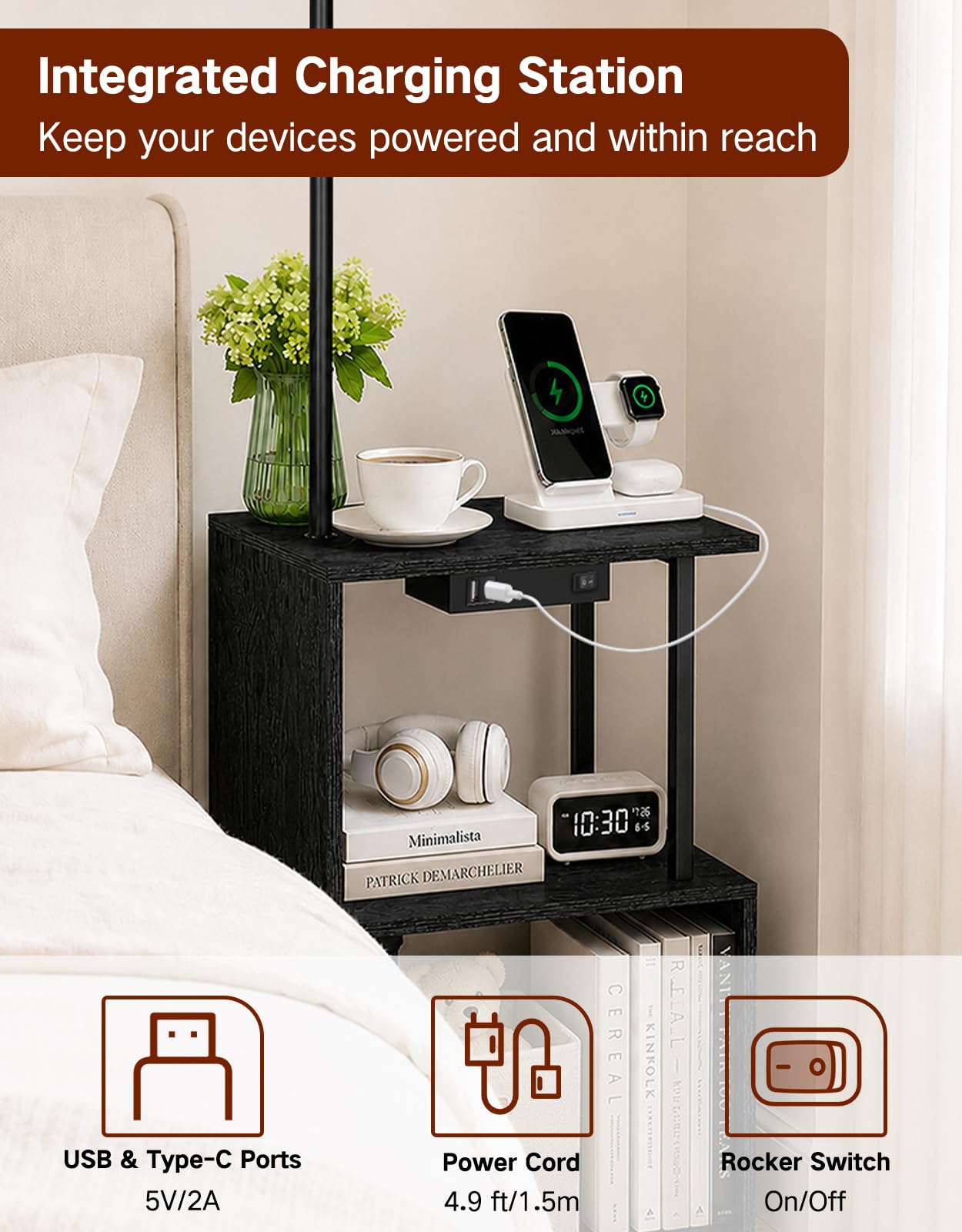 Lámpara de Pie con Mesa, Diseño en S y Puertos de Carga USB | Regulable con Mando a Distancia, 3 Temperaturas de Color, USB-A, USB-C y Temporizador de 1 Hora