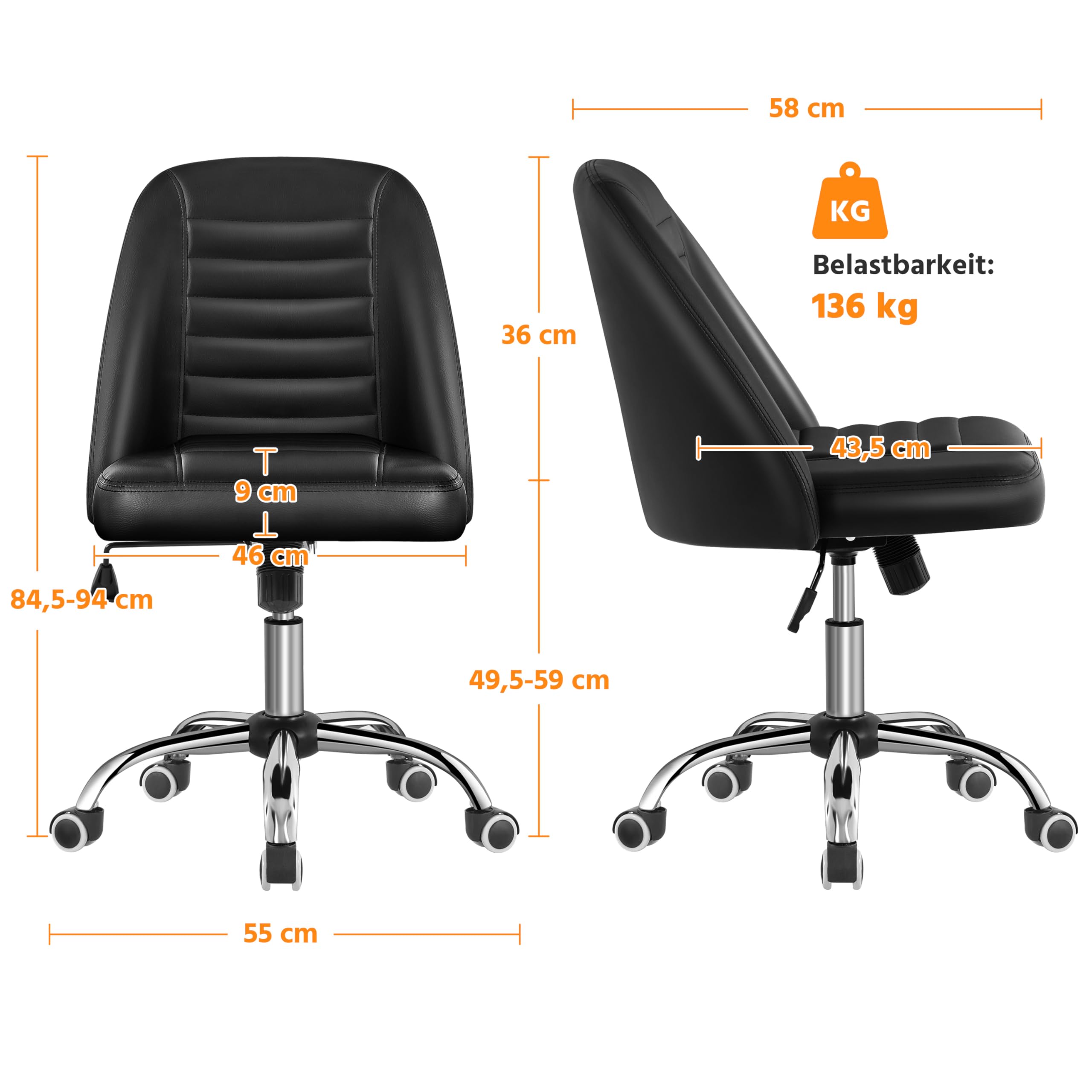 Yaheetech Bürostuhl ohne Armlehne Schreibtischstuhl Drehstuhl mit Rollen ergonomischer Schreibtischsessel höhenverstellbar Arbeitshocker Schminkstuhl Kunstleder Schwarz