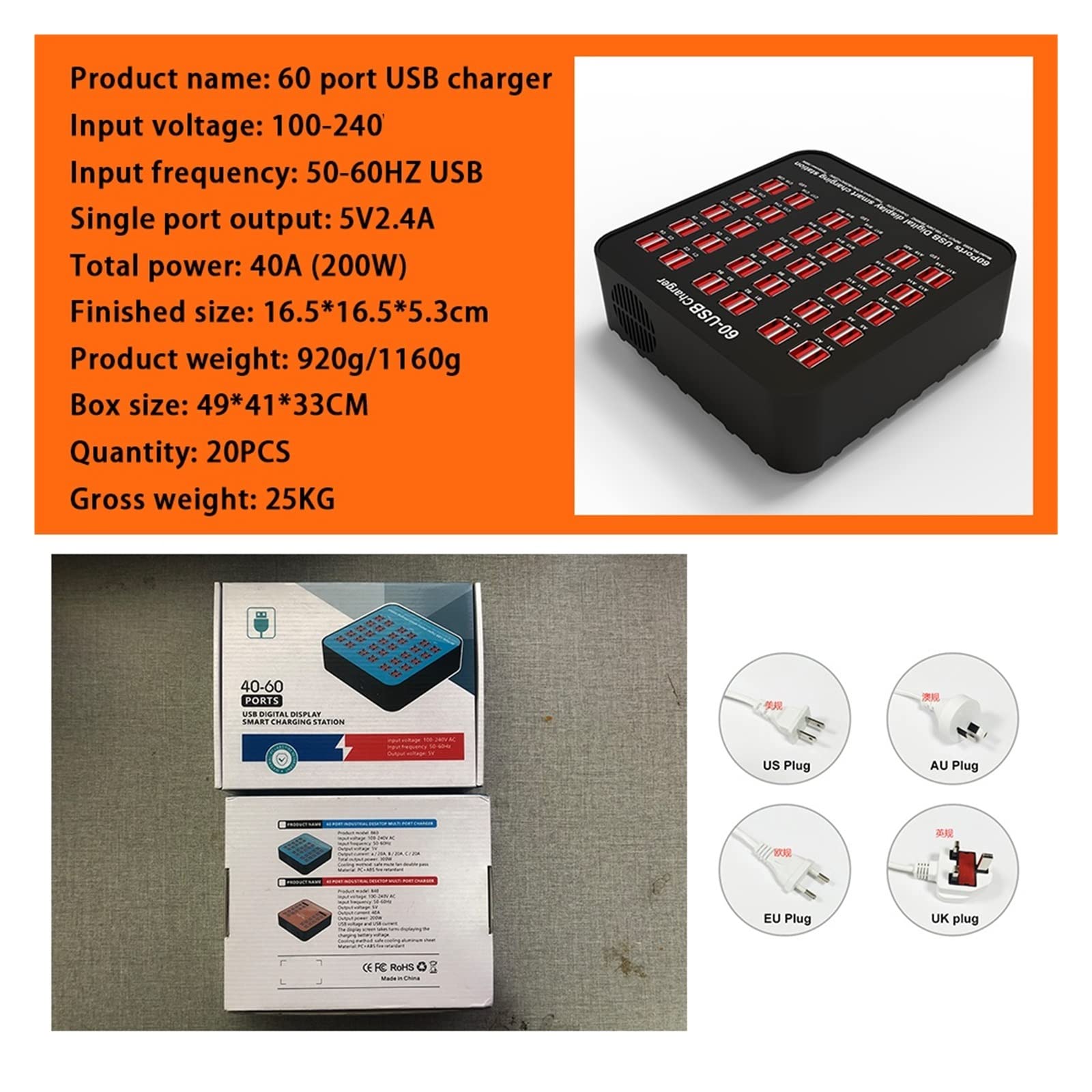 Smart 60 Puertos USB Hub Estación de Carga Toma Corriente Multi Puerto Velocidad Cargador Pared Muelle Adaptador Oficina en casa Diseño portátil(15 Port USB)