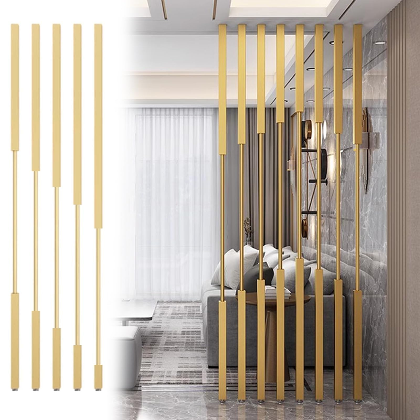 Gold Room Divider Screen Post - Free Standing Partition Pole, DIY Wall Panel for Bathroom/Living Room/Entrance, No Drill Required