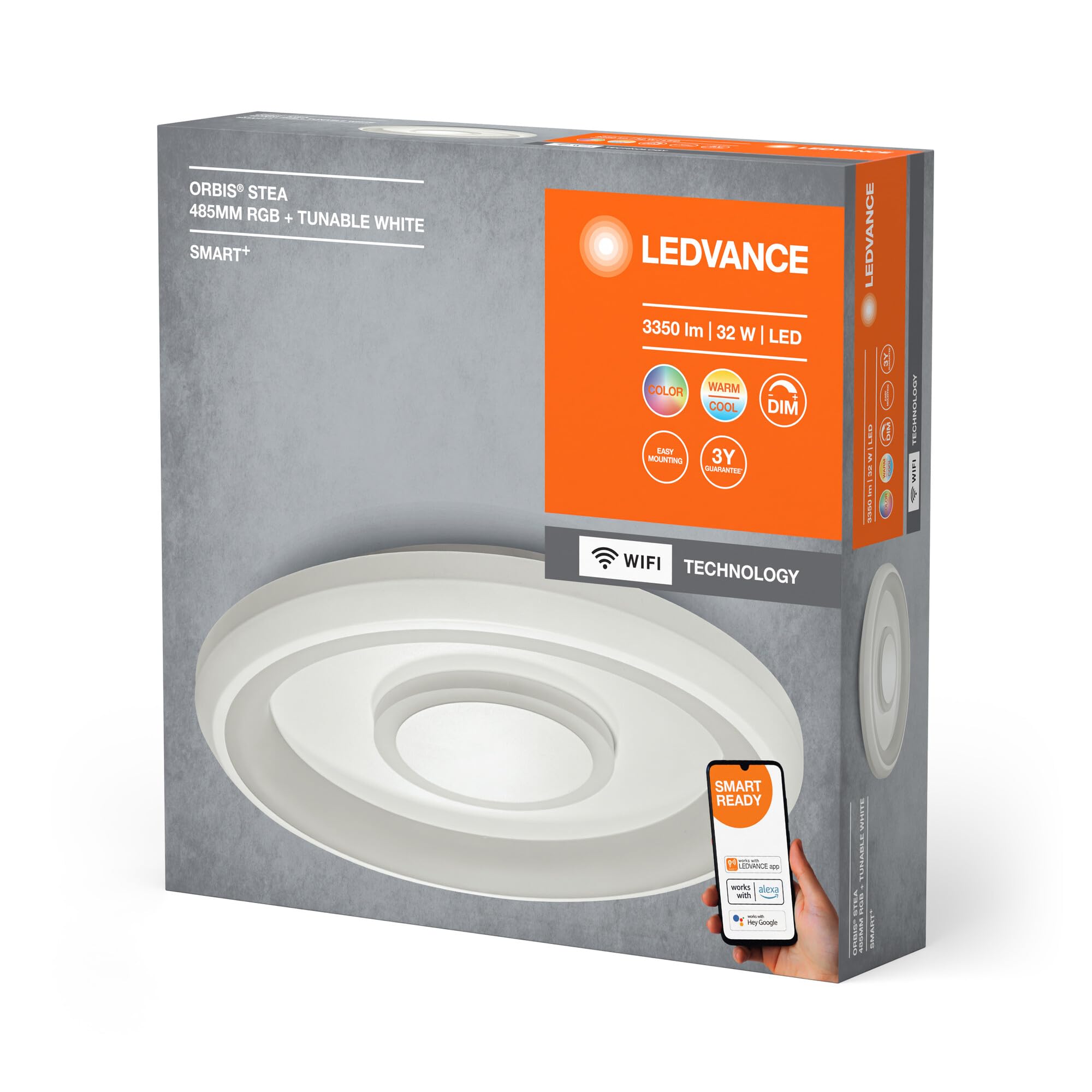 LEDVANCE ORBIS STEA SMART+ WiFi Leuchte, Ø 48cm, dimmbare runde LED Deckenleuchte für den Innenbereich, 32W, Farbtemperatur 2700-6500K, 2150 Lumen, 2 LED RGB Modul, runde Design-Leuchte, weiß