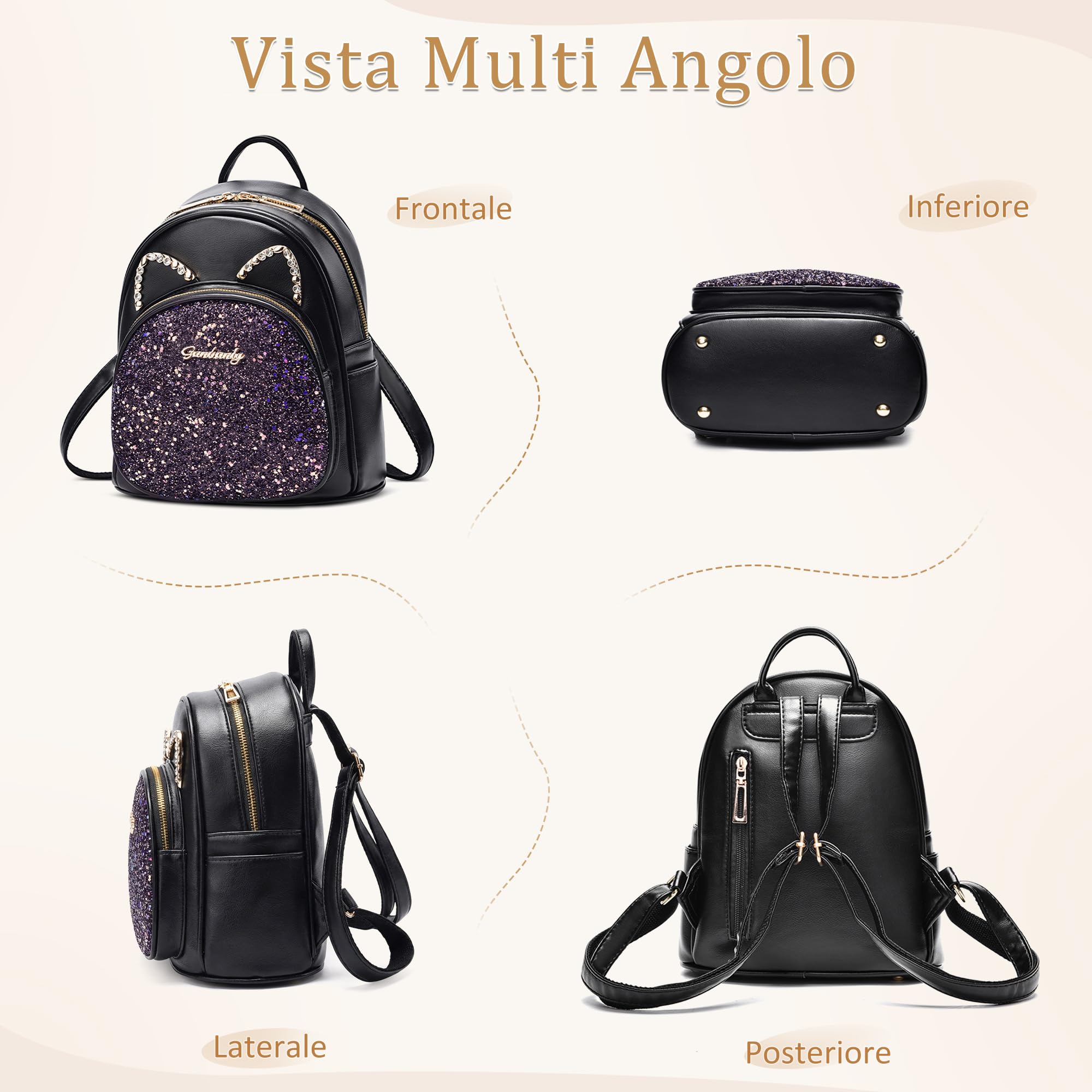 Zaino da Donna Carino Gatto Borse a Zainetto da donna Mini Leggero Antifurto Borsa a Tracolla Pelle Impermeabile per Ragazza Viaggio Scuola Lavoro Datazione Studentessa Nero