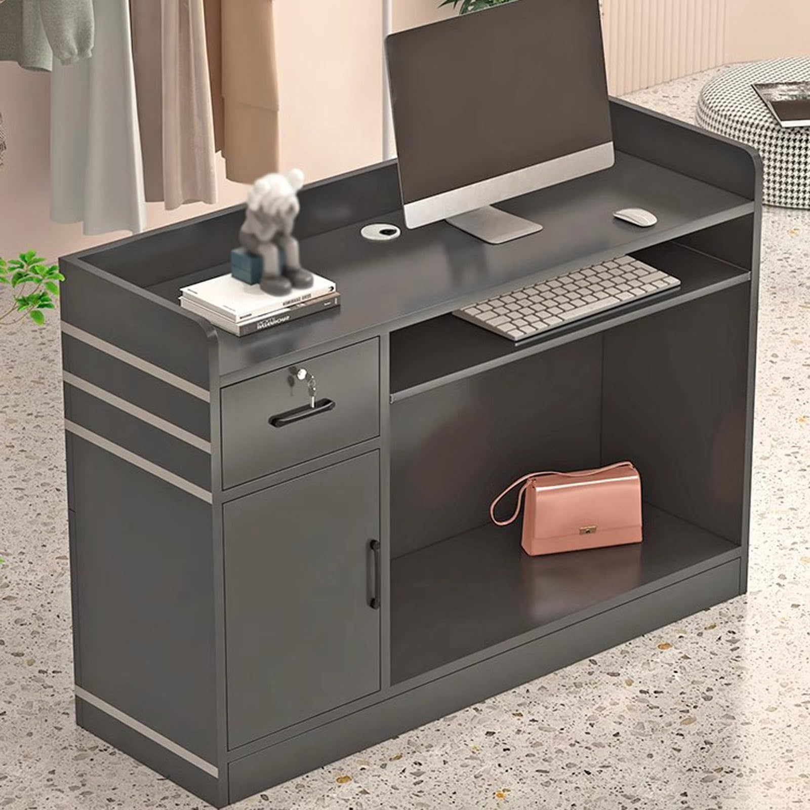 Escritorio de recepción con cerradura con armario y bandeja para teclado, moderno mostrador de tienda y piel de oficina, 80 x 40 x 92 cm (negro) - Perfecto para professas