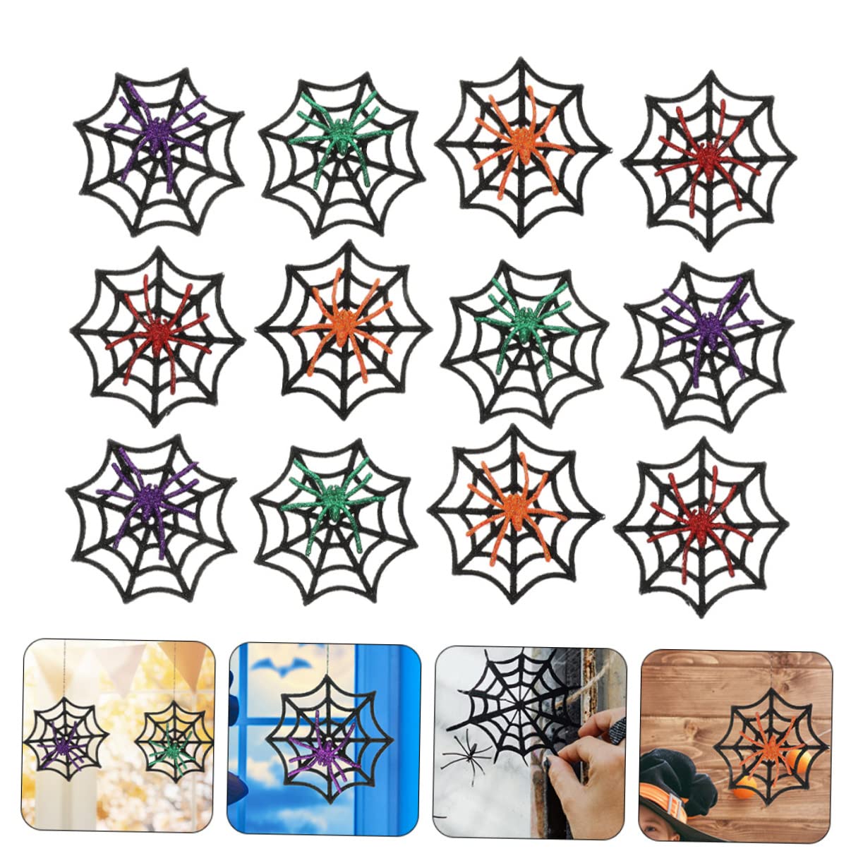 Cabilock 4 Juegos Red De Halloween Telaraña Temporal Colgando Tela De Araña Fiesta Halloween Telaraña De Plástico Delicada Araña Falsa El Plastico Black 12 Uds * 4