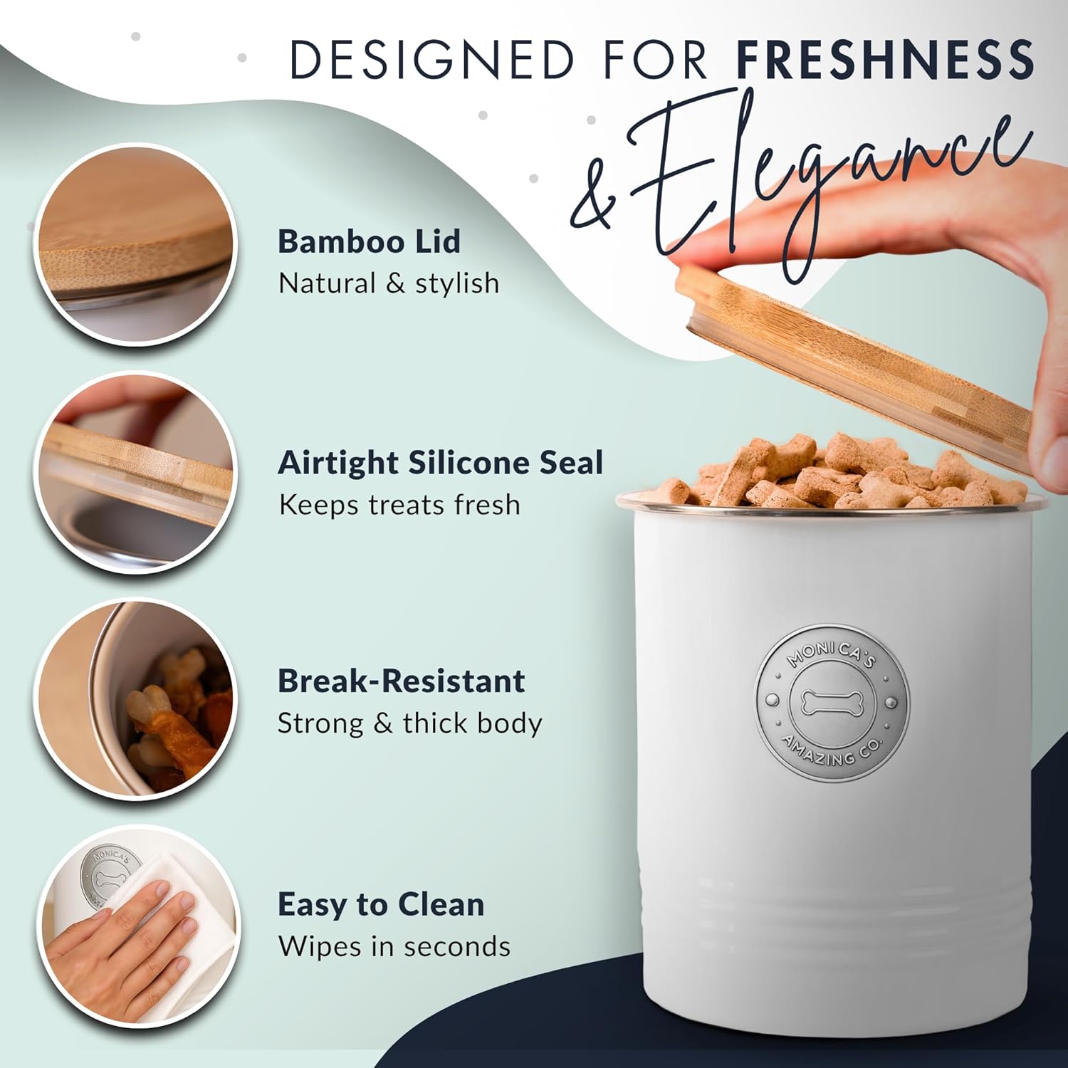 Airtight Dog Treat Container with Bamboo Lid - Durable Metal Canister for Countertop Storage - Cute Dog Treat Jar for Biscuits & Snacks