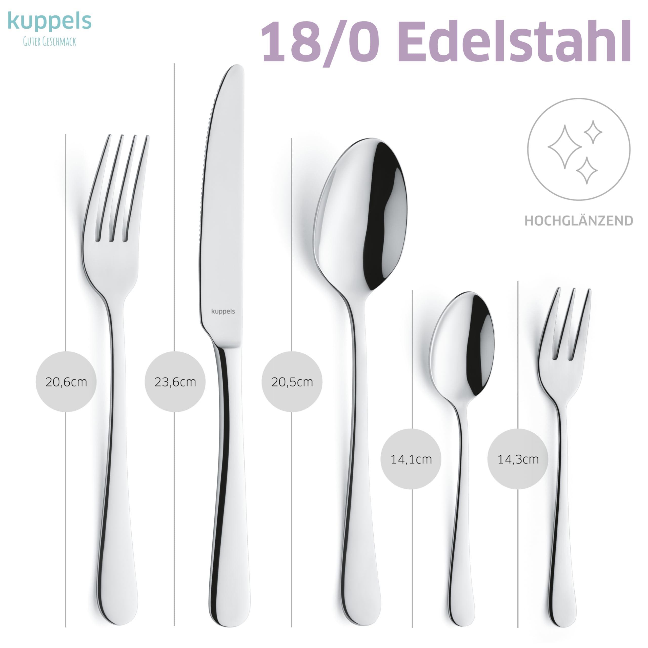 Kuppels Delia Besteck Set 30-tlg, 6 Personen, Edelstahl hochglanzpoliert | Menümesser, Menügabeln, Menülöffel, Kaffeelöffel, Kuchengabeln, spülmaschinenfest, modernes glamouröses Design